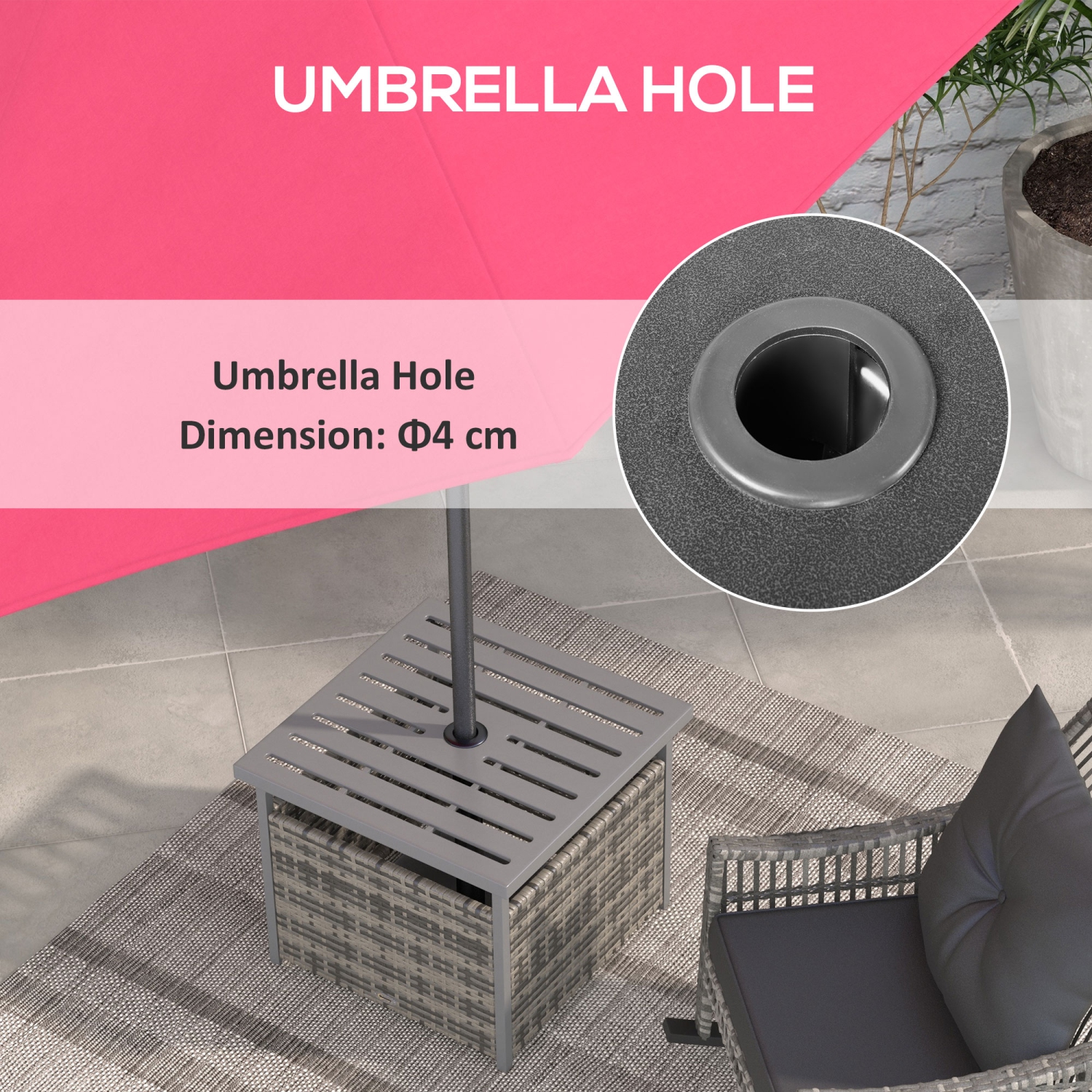 Outsunny 22" Outdoor Rattan Wicker Patio Coffee Table with Umbrella Hole, Patio Side Table with Slatted Metal Top, Suitable for Garden, Backyard,