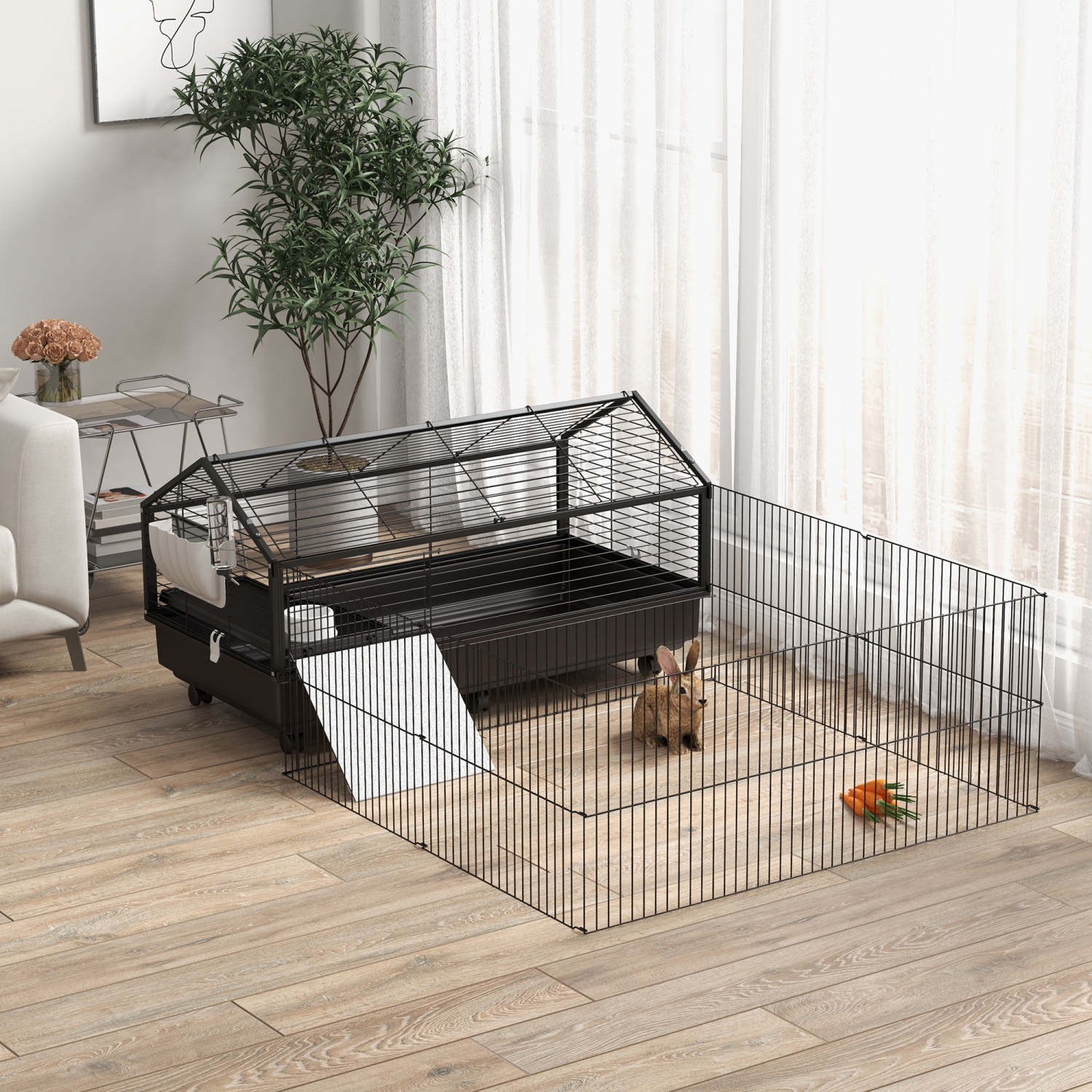 PawHut Guinea Pig Cage with Foldable Detachable Playpen, Rolling Rabbit Chinchilla Hedgehog Bunny Cage Small Animal Habitat with Water Bottle, Hay