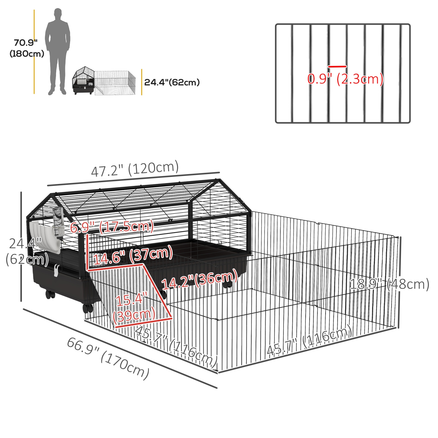 PawHut Guinea Pig Cage with Foldable Detachable Playpen, Rolling Rabbit Chinchilla Hedgehog Bunny Cage Small Animal Habitat with Water Bottle, Hay
