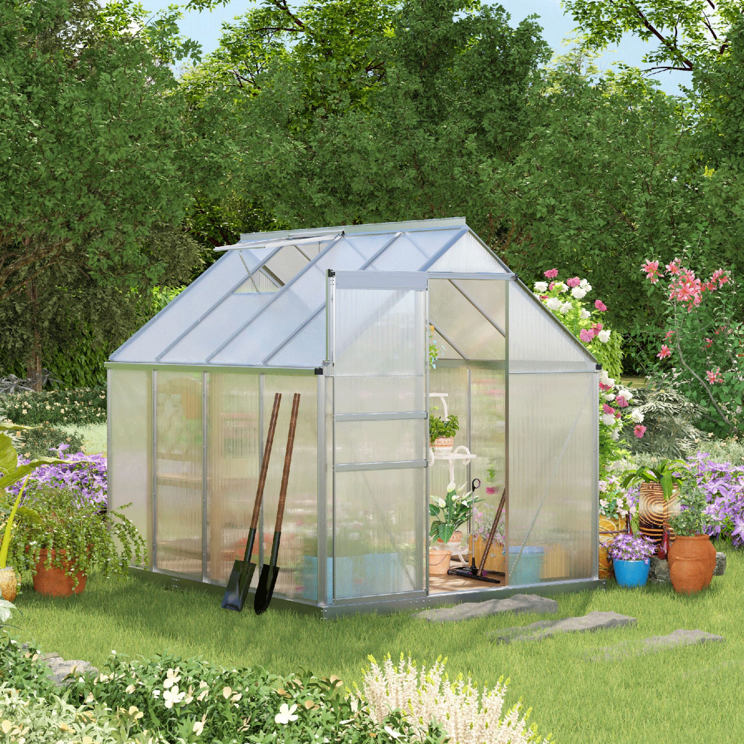 Outsunny 6' x 8' x 6.5' Polycarbonate Greenhouse, Walk-in Green House with Adjustable Roof Vent, Galvanized Base, Sliding Door and Rain Gutter for