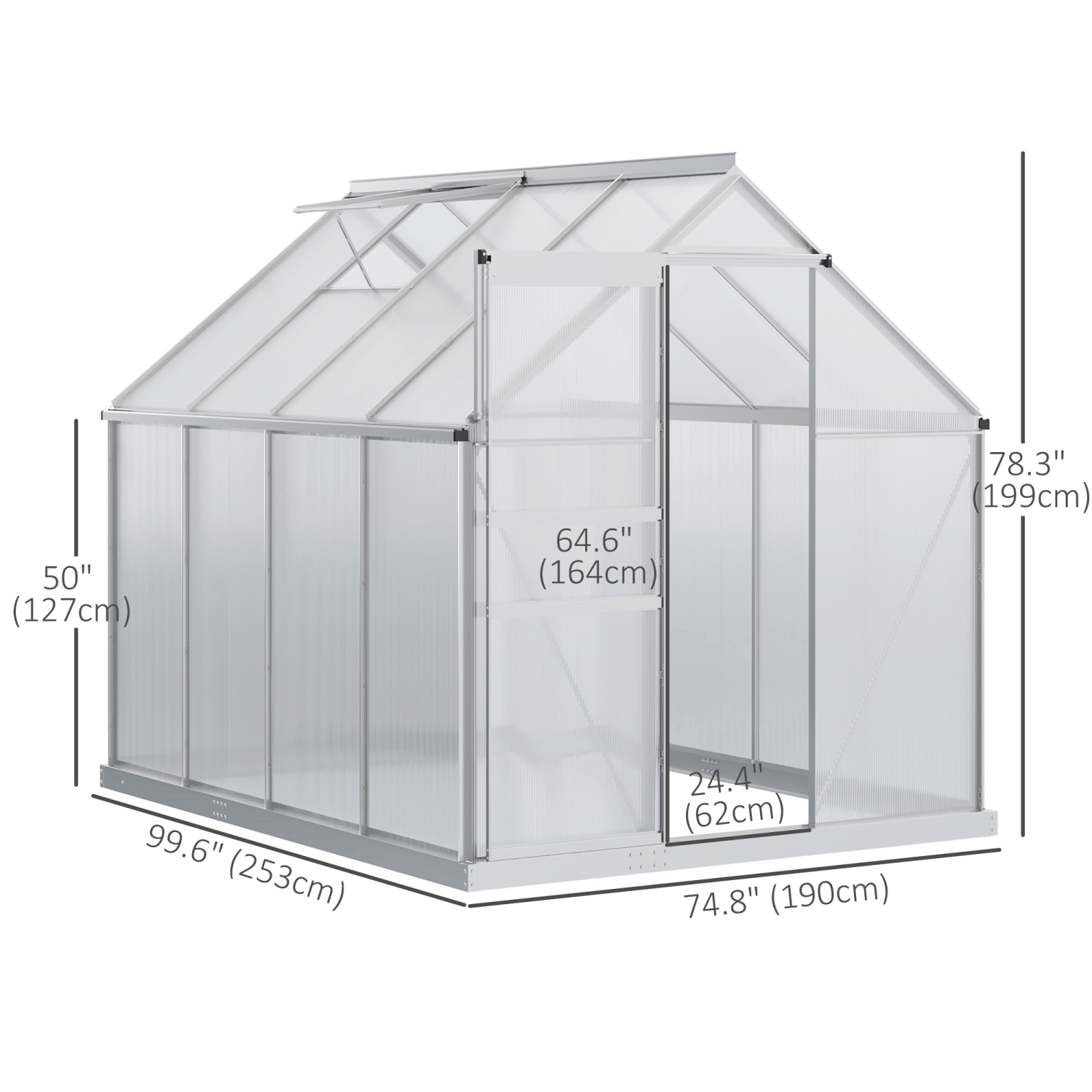 Outsunny 6' x 8' x 6.5' Polycarbonate Greenhouse, Walk-in Green House with Adjustable Roof Vent, Galvanized Base, Sliding Door and Rain Gutter for