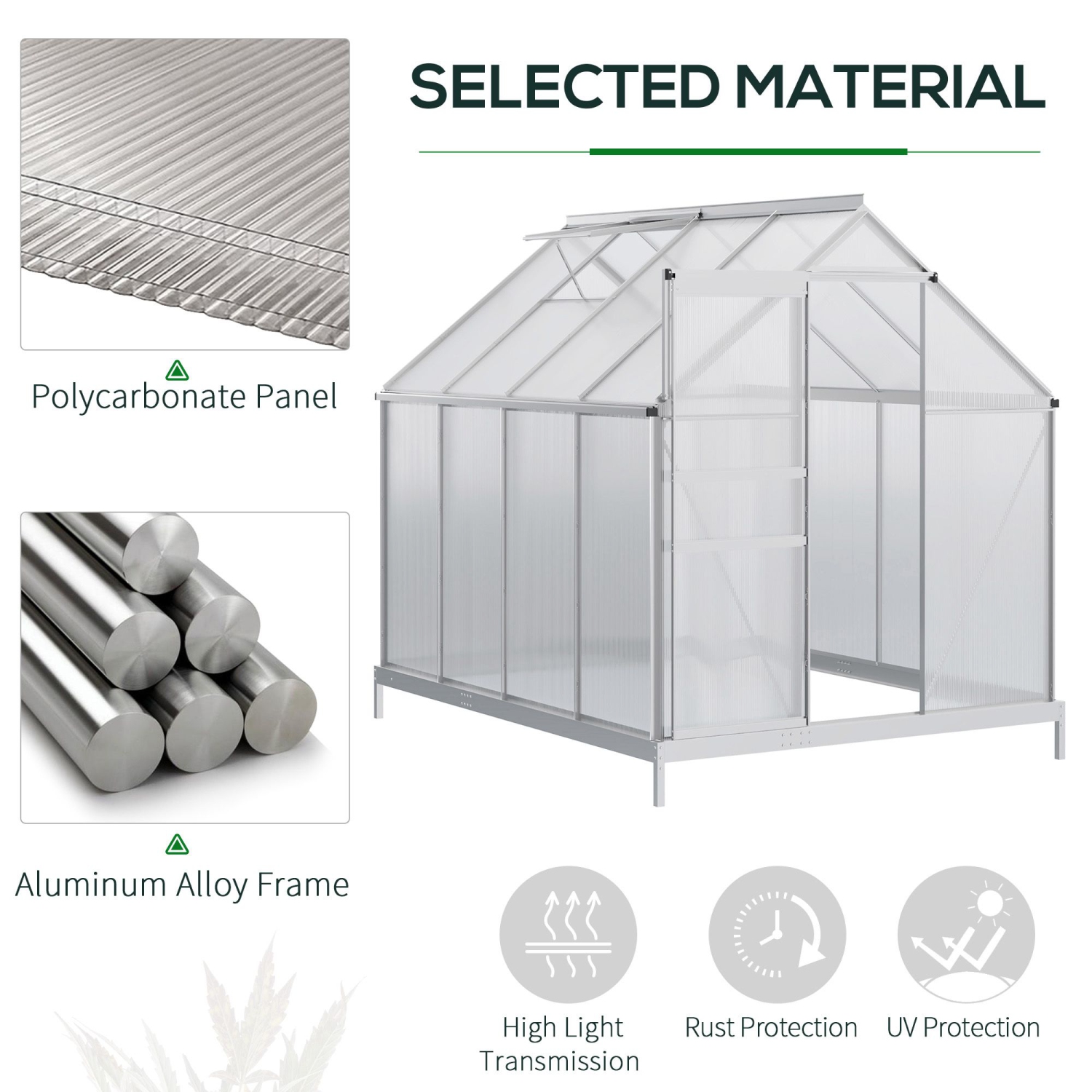 Outsunny 6' x 8' x 6.5' Polycarbonate Greenhouse, Walk-in Green House with Adjustable Roof Vent, Galvanized Base, Sliding Door and Rain Gutter for