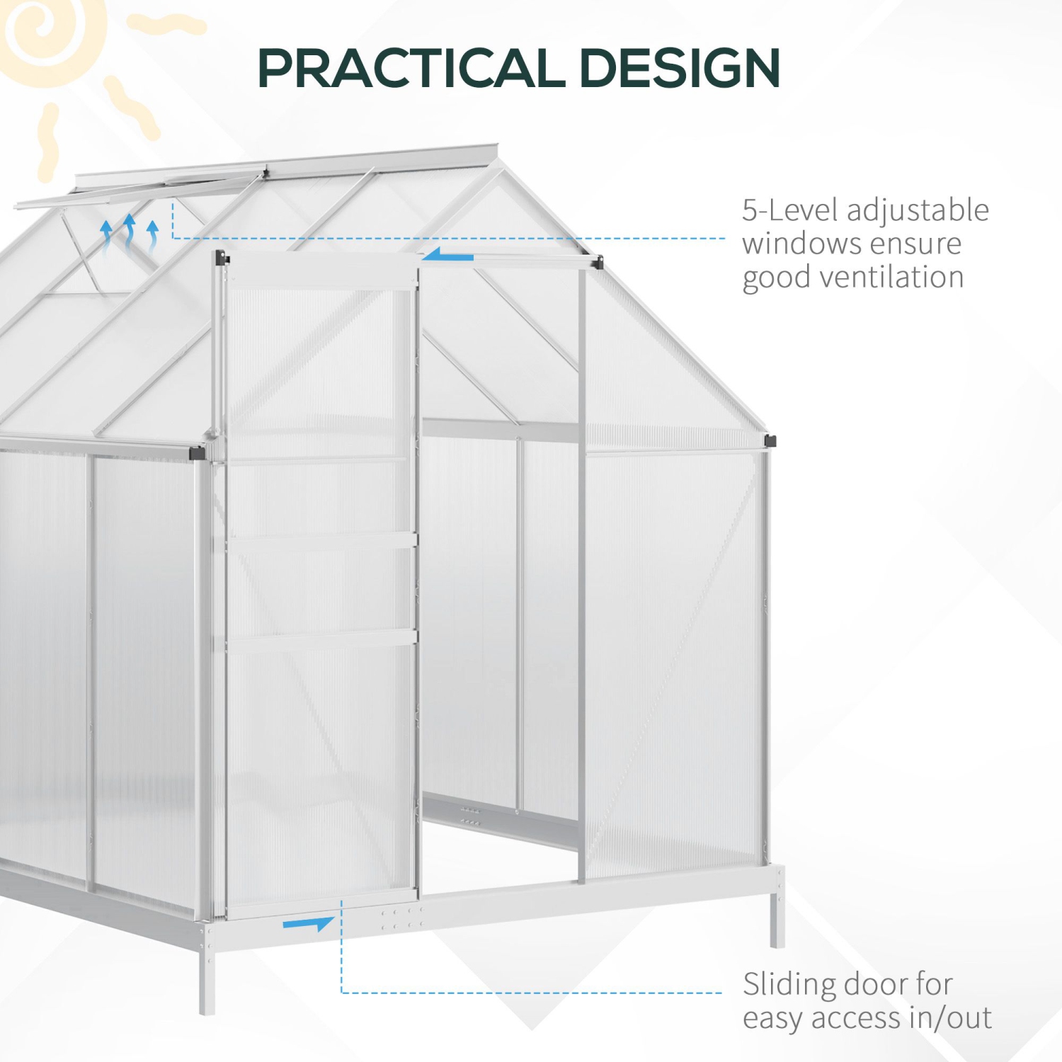 Outsunny 6' x 8' x 6.5' Polycarbonate Greenhouse, Walk-in Green House with Adjustable Roof Vent, Galvanized Base, Sliding Door and Rain Gutter for