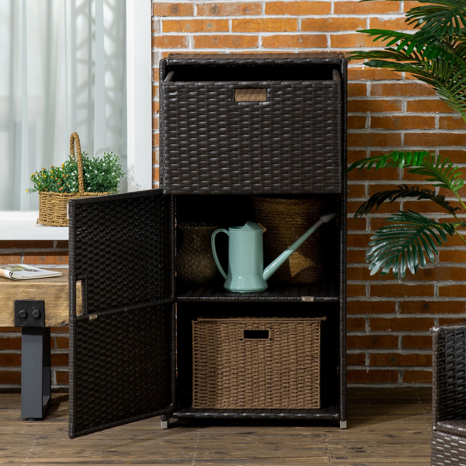 Armoire de rangement pour patio Outsunny, porte-serviettes d'extérieur pour la piscine, osier tressé étanche en polyéthylène, accessoire pour spa,