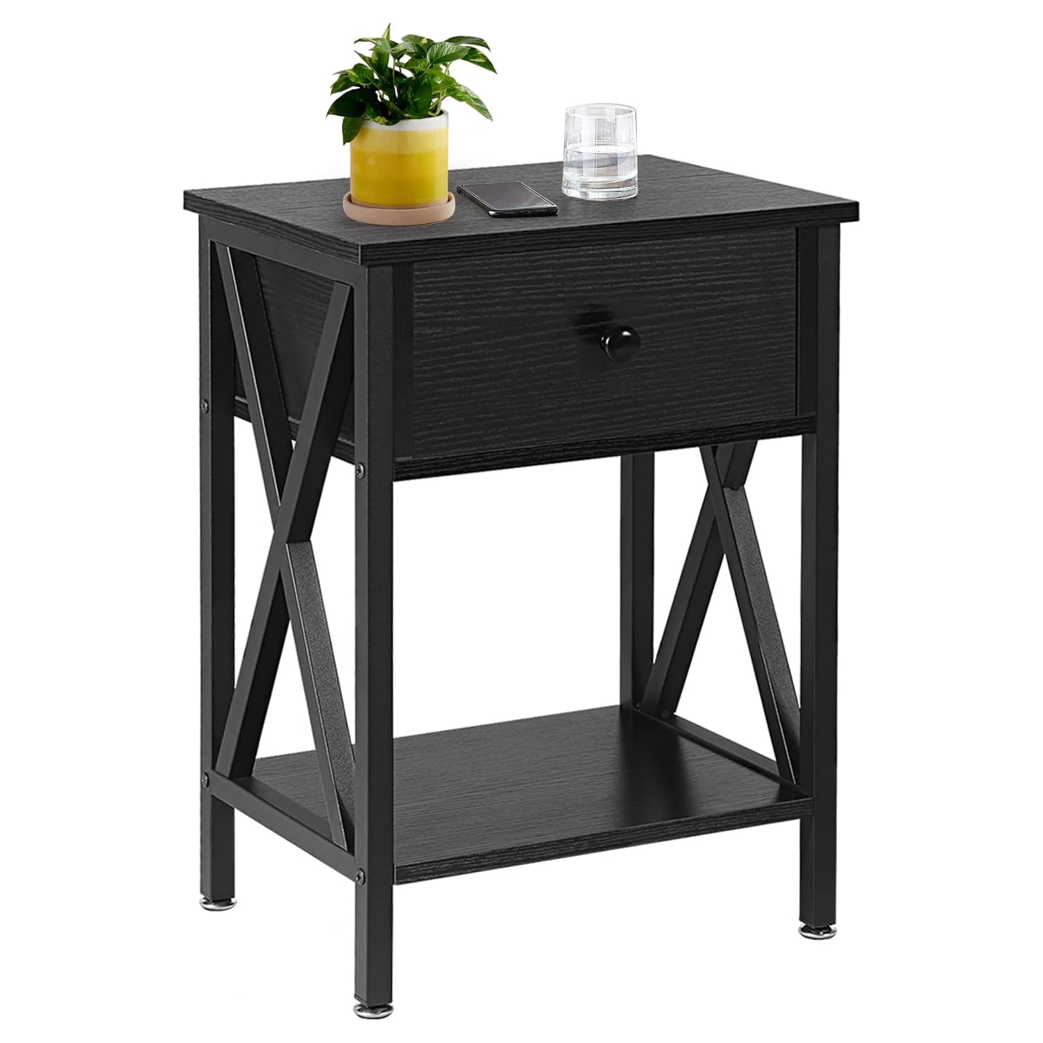 Modern End Table Nightstand Storage Shelf with Drawer for Living Room Bedroom-Black 1 Pack