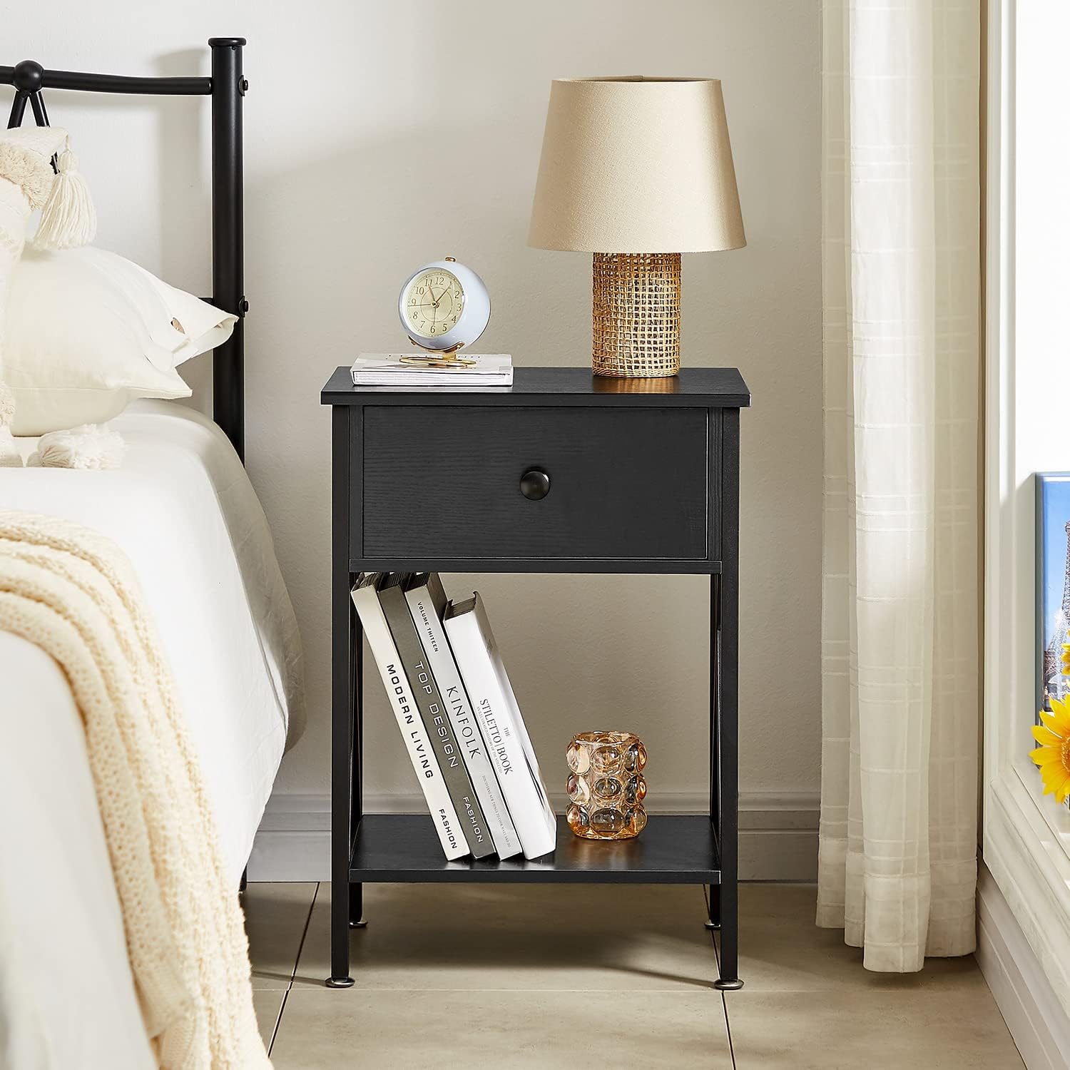 Modern End Table Nightstand Storage Shelf with Drawer for Living Room Bedroom-Black 1 Pack