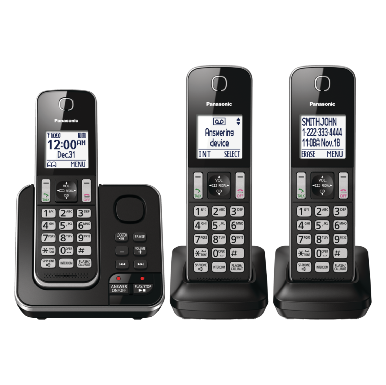 Panasonic DECT 6.0 Cordless Phones with Digital Answering System, 3 Handsets, Black