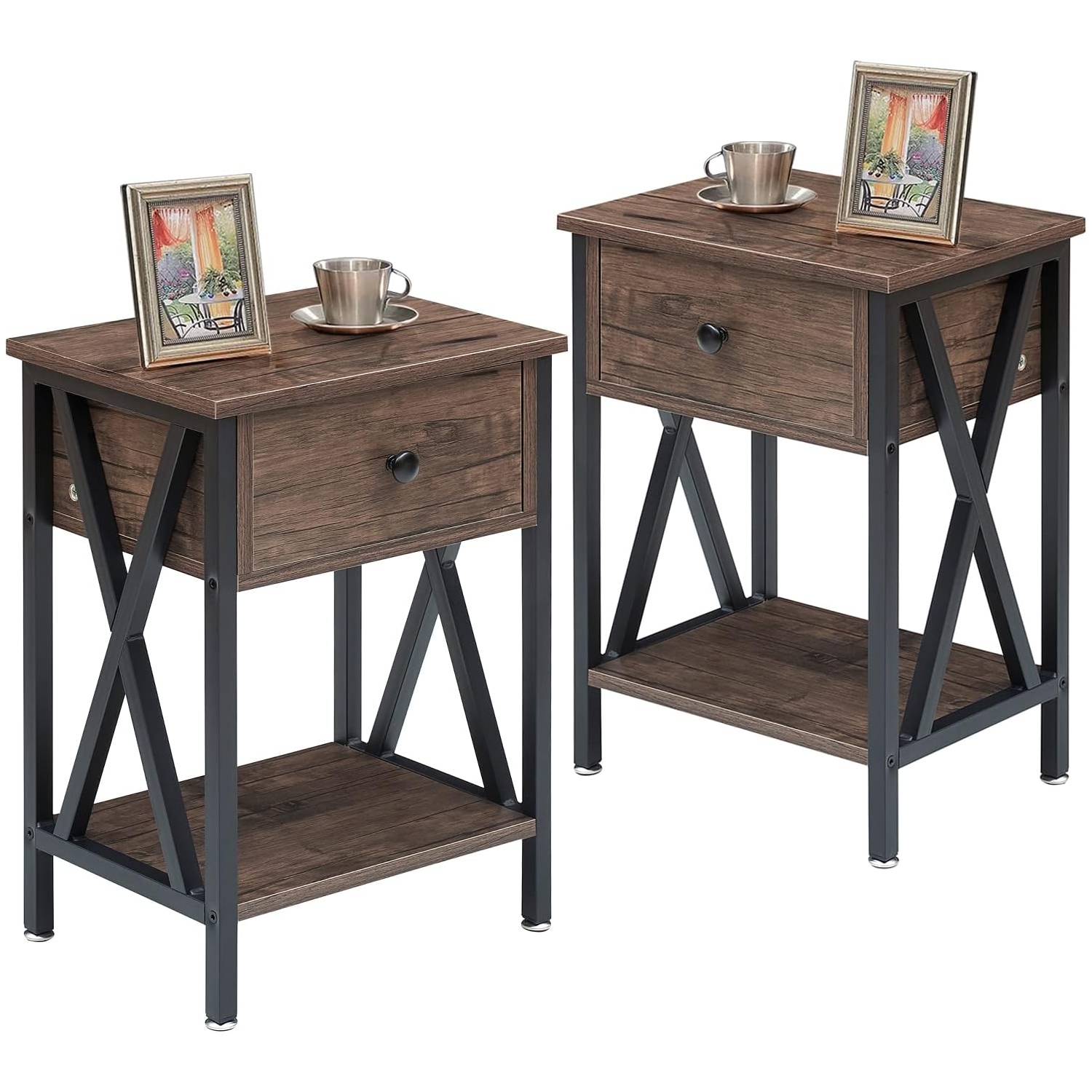Modern End Table Nightstand Storage Shelf with Drawer for Living Room Bedroom-Grey 2 Pack