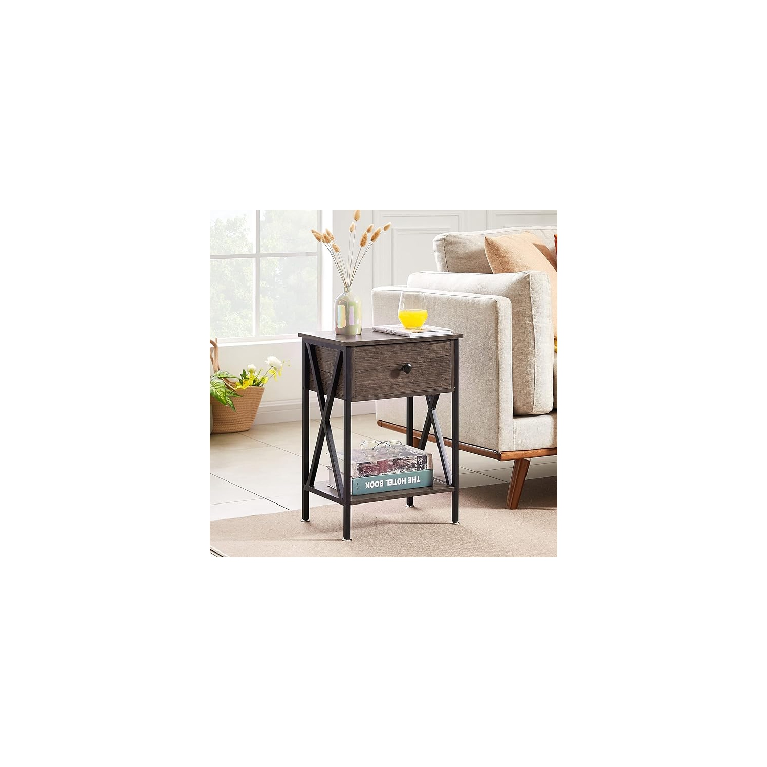 Modern End Table Nightstand Storage Shelf with Drawer for Living Room Bedroom-Grey 2 Pack