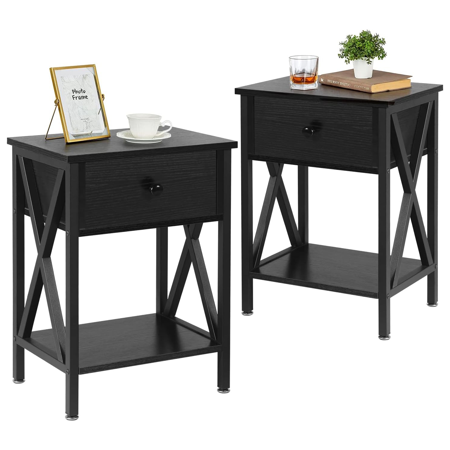 Modern End Table Nightstand Storage Shelf with Drawer for Living Room Bedroom-Black 2 Pack