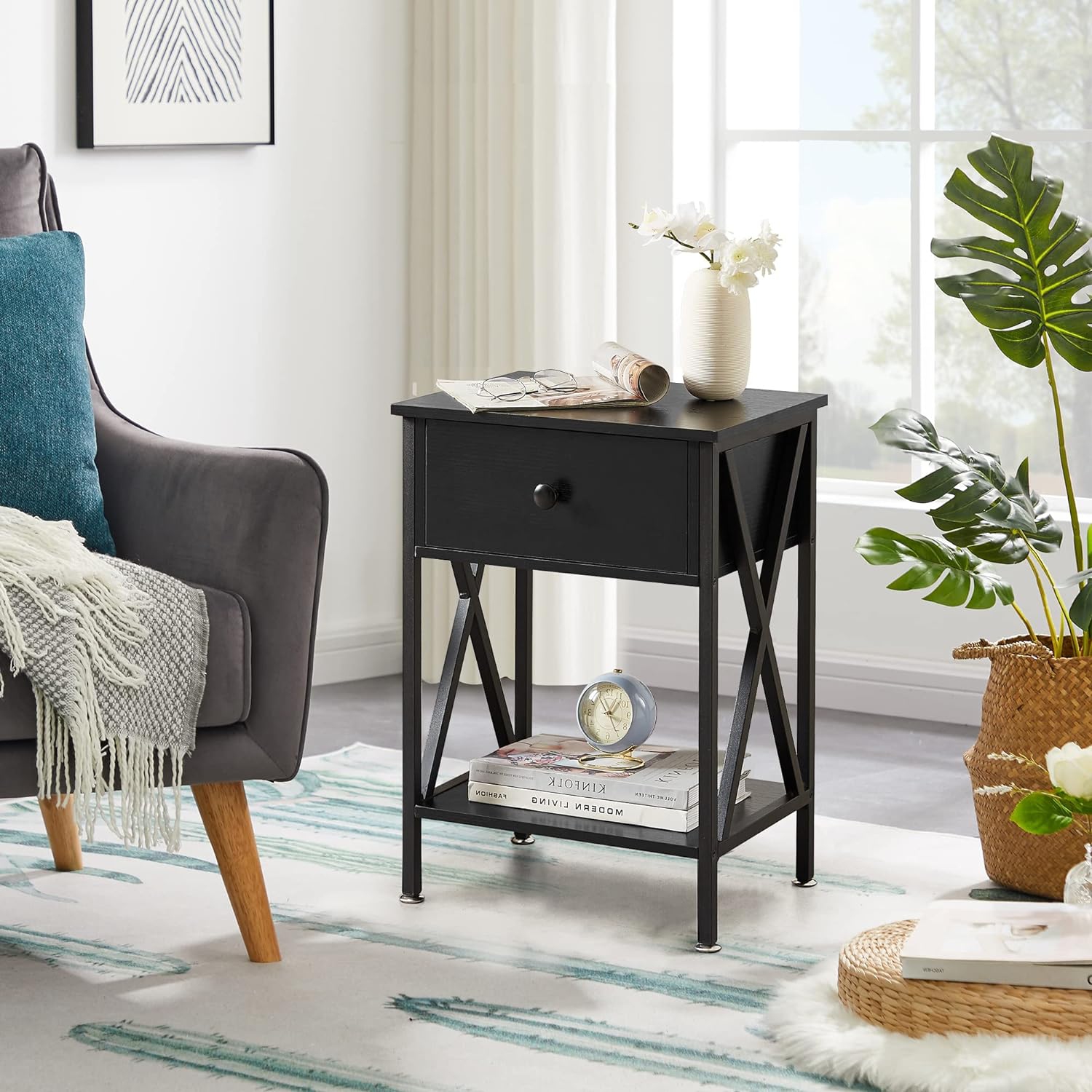 Modern End Table Nightstand Storage Shelf with Drawer for Living Room Bedroom-Black 2 Pack