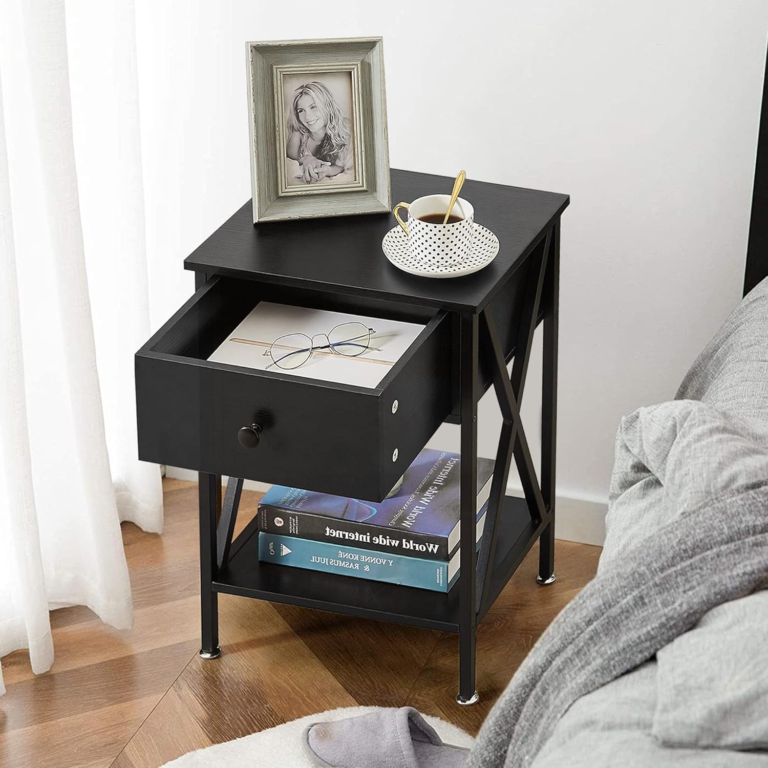Modern End Table Nightstand Storage Shelf with Drawer for Living Room Bedroom-Black 2 Pack