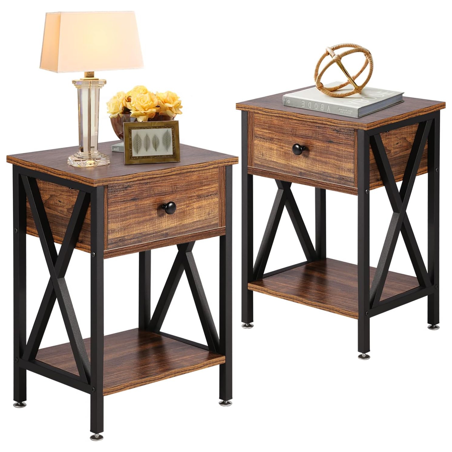 Modern End Table Nightstand Storage Shelf with Drawer for Living Room Bedroom-Brown 2 Pack