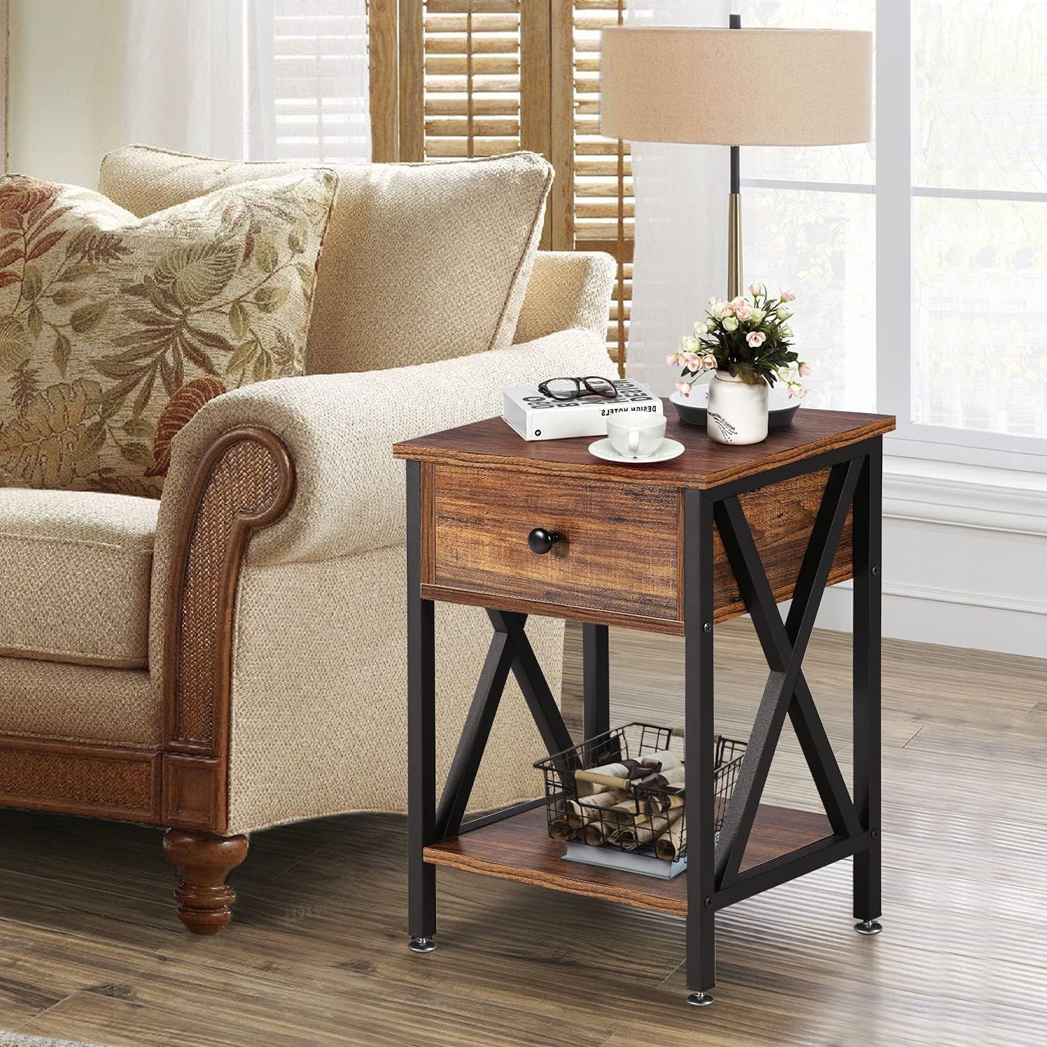 Modern End Table Nightstand Storage Shelf with Drawer for Living Room Bedroom-Brown 2 Pack