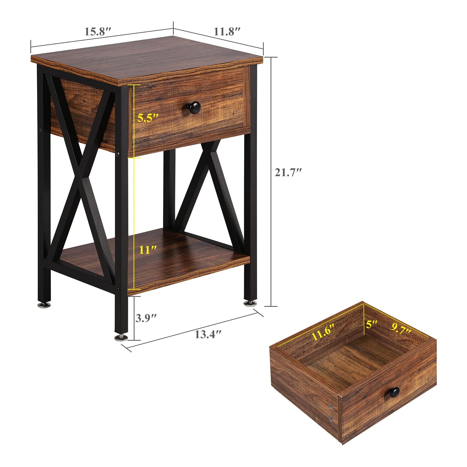 Modern End Table Nightstand Storage Shelf with Drawer for Living Room Bedroom-Brown 2 Pack
