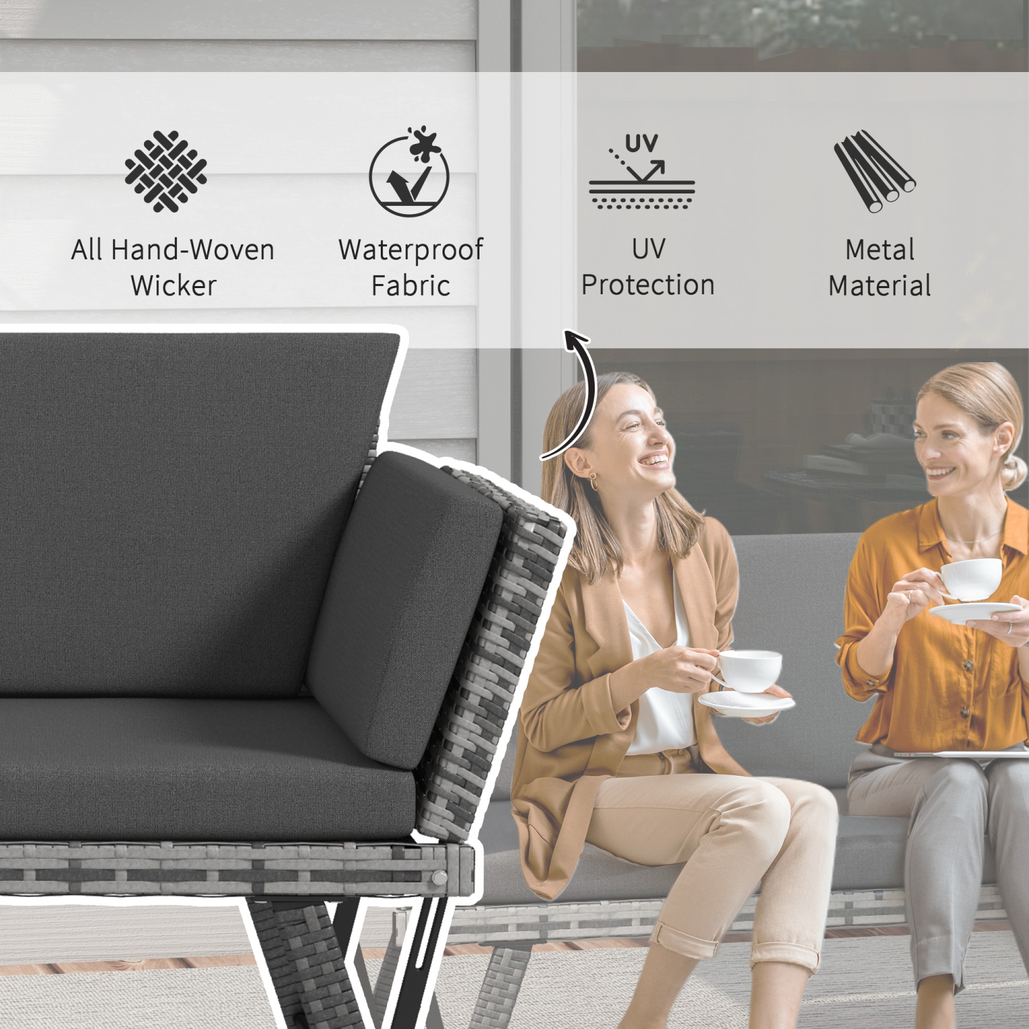 Meubles de patio en osier Outsunny avec coussin, canapé-lit convertible en rotin en polyéthylène pour l'extérieur avec fauteuil réglable, causeuse