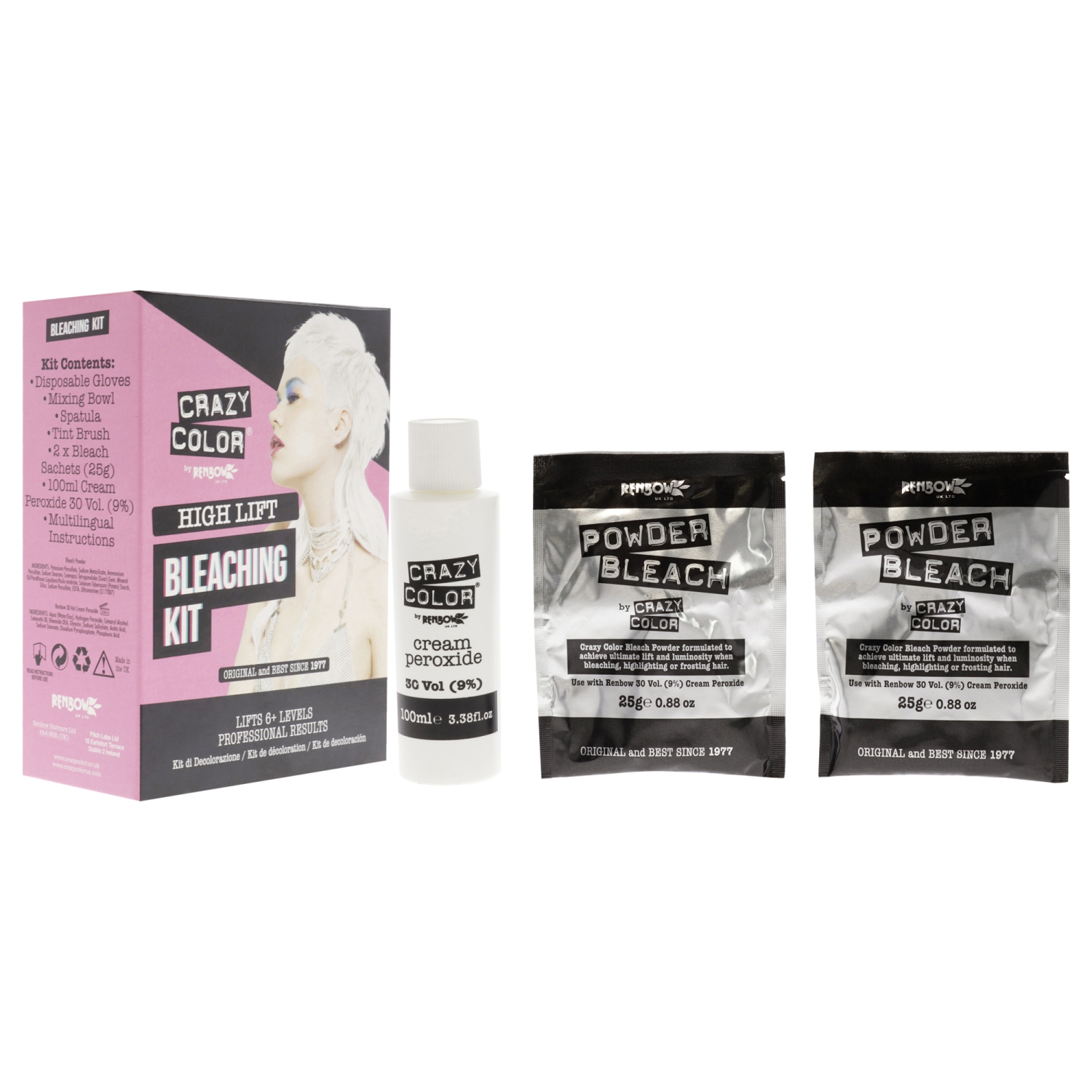 High Lift Bleaching Kit by Crazy Color for Women - 7 Pc 1 Pc Disposable gloves, mixing bowl, spatula, tint brush, 2 x 0.88 Bleach Sachet, 3.38 Cream