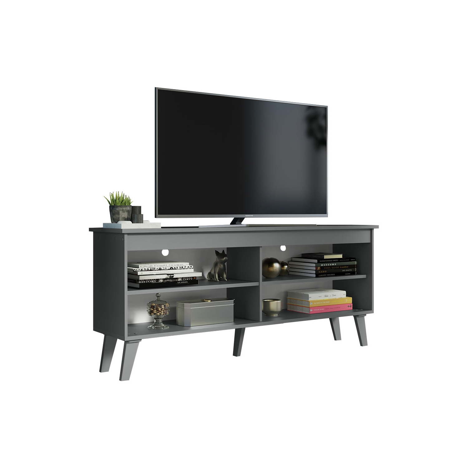 Madesa Compact TV Stand Cabinet with 4 Shelves and Cable Management for 50, 55 Inch TV Media Storage Unit Living Room and Bedroom Modern Wooden