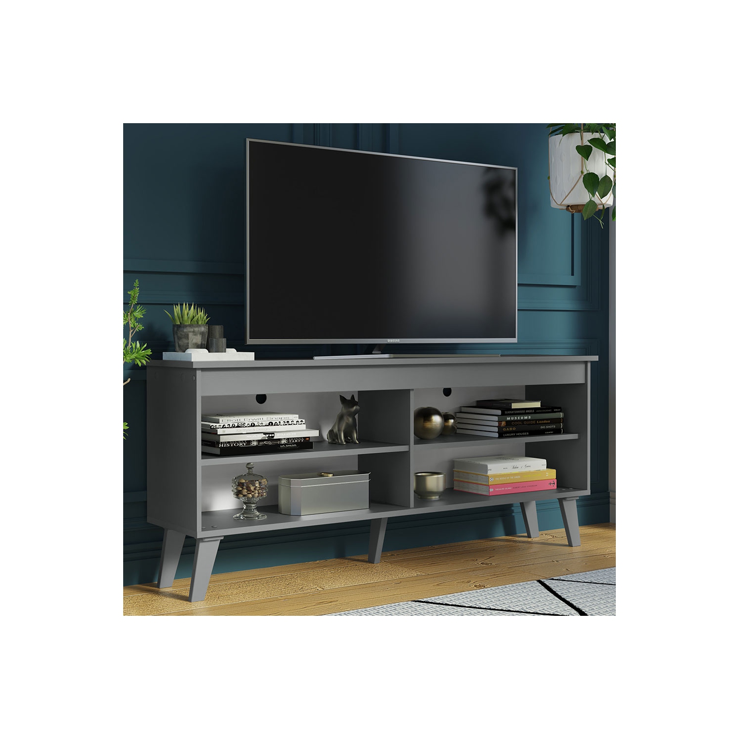 Madesa Compact TV Stand Cabinet with 4 Shelves and Cable Management for 50, 55 Inch TV Media Storage Unit Living Room and Bedroom Modern Wooden