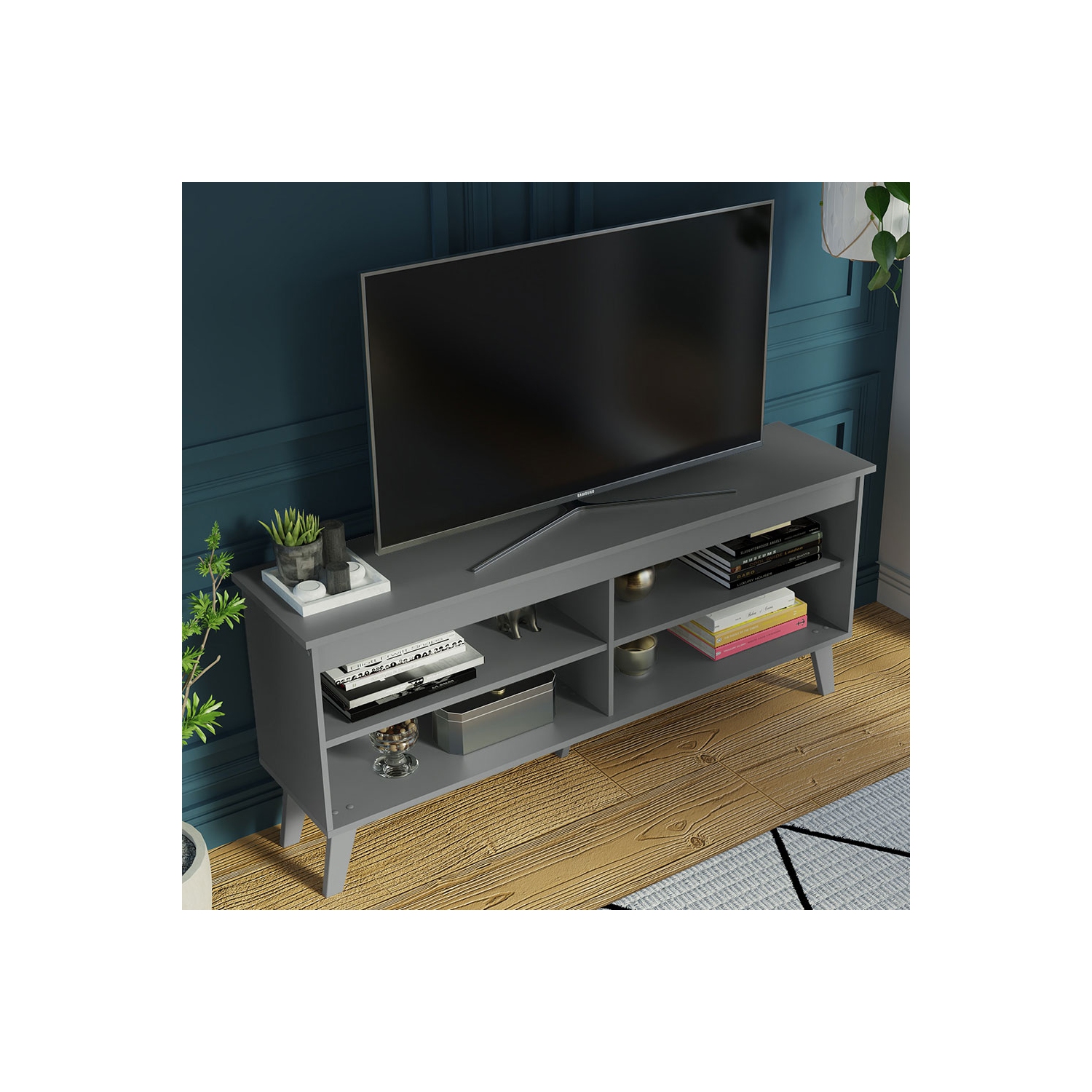 Madesa Compact TV Stand Cabinet with 4 Shelves and Cable Management for 50, 55 Inch TV Media Storage Unit Living Room and Bedroom Modern Wooden