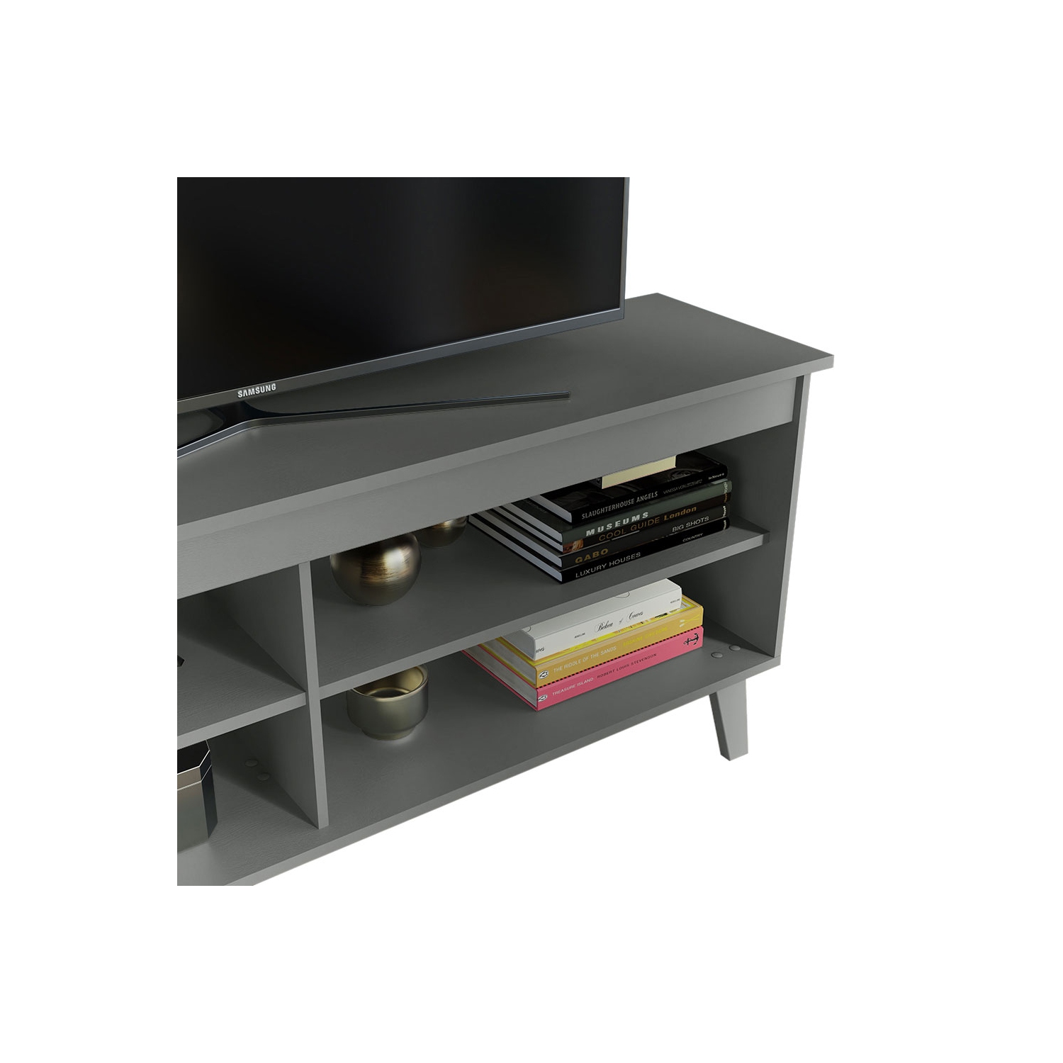 Madesa Compact TV Stand Cabinet with 4 Shelves and Cable Management for 50, 55 Inch TV Media Storage Unit Living Room and Bedroom Modern Wooden