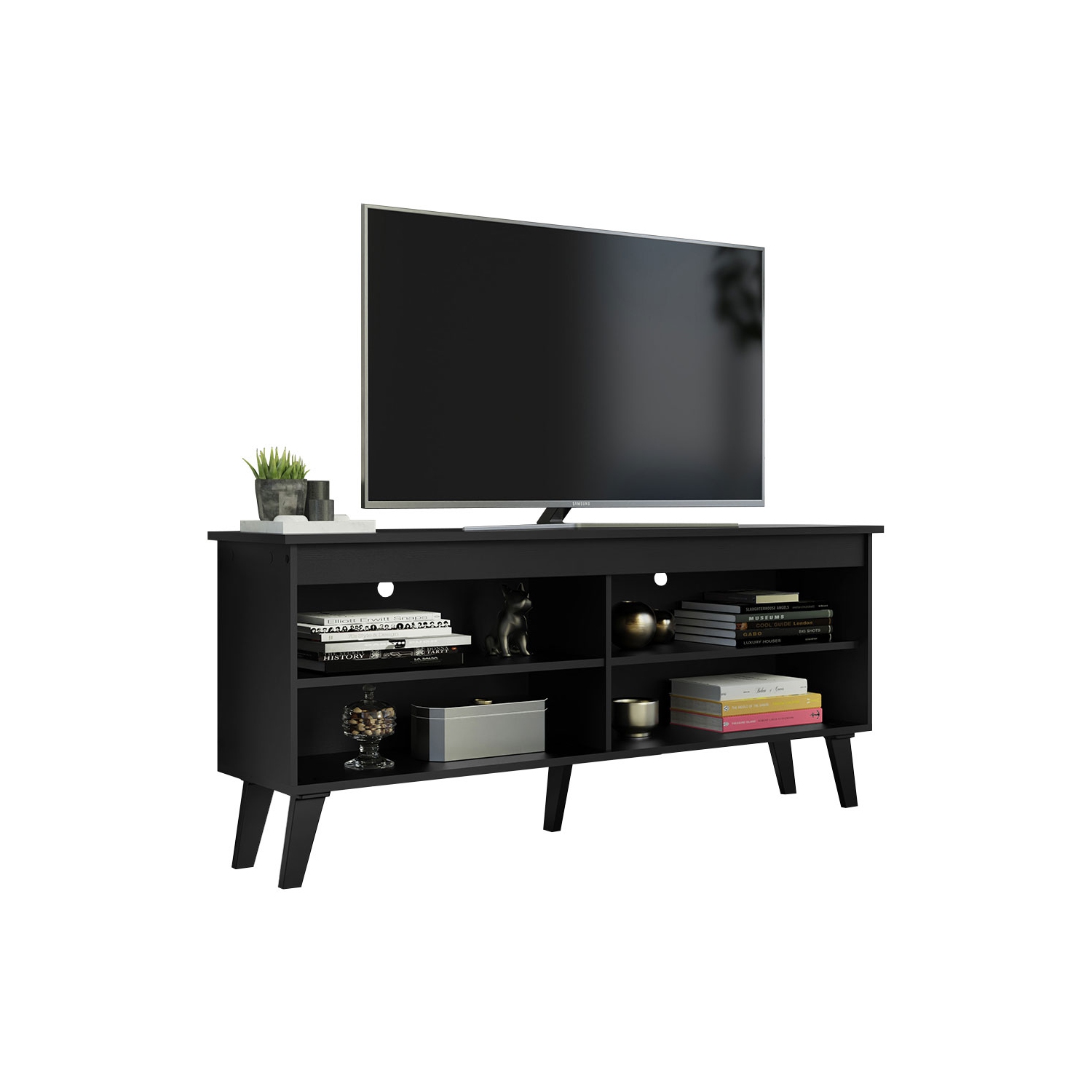 Madesa Compact TV Stand Cabinet with 4 Shelves and Cable Management for 50, 55 Inch TV Media Storage Unit Living Room and Bedroom Modern Wooden