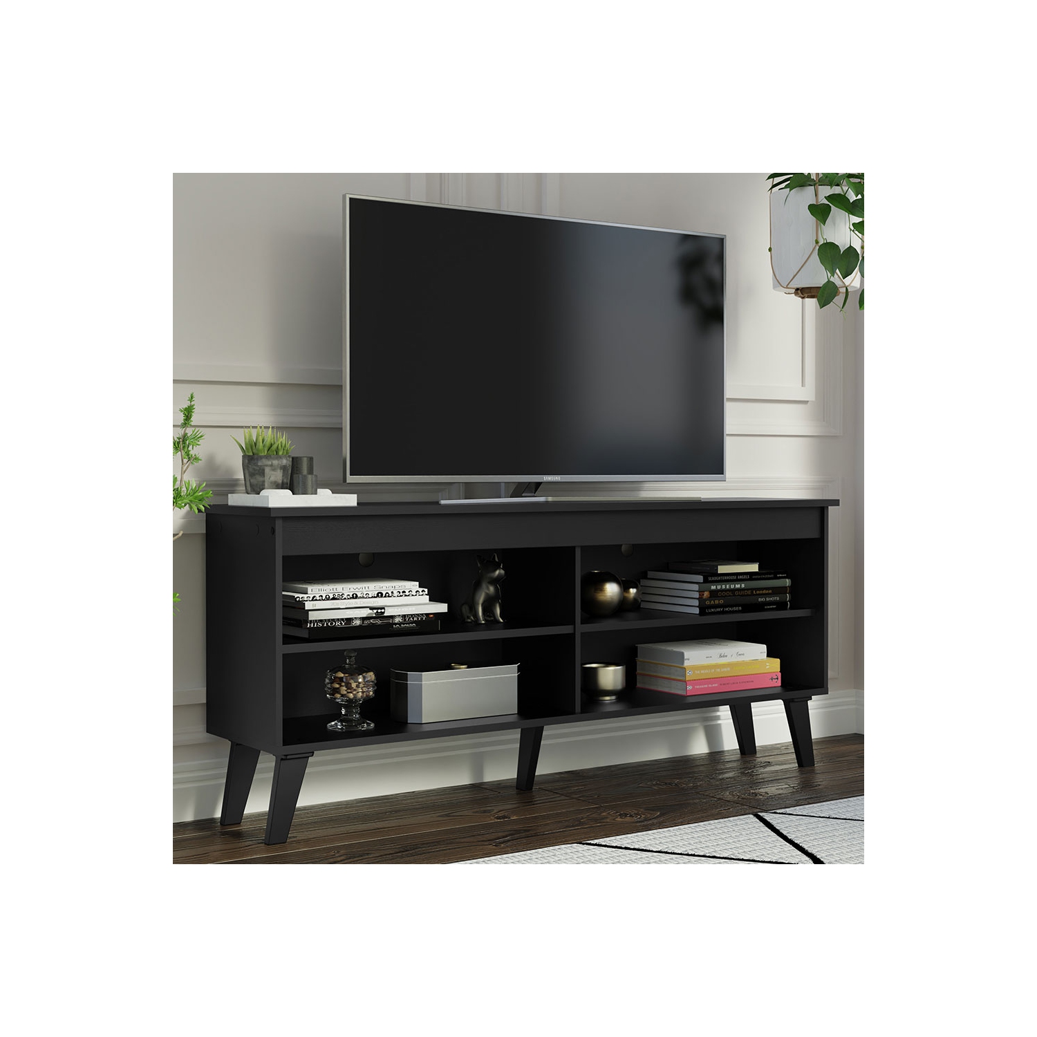 Madesa Compact TV Stand Cabinet with 4 Shelves and Cable Management for 50, 55 Inch TV Media Storage Unit Living Room and Bedroom Modern Wooden