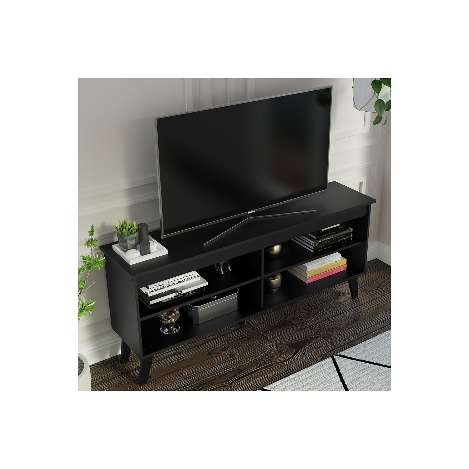Madesa Compact TV Stand Cabinet with 4 Shelves and Cable Management for 50, 55 Inch TV Media Storage Unit Living Room and Bedroom Modern Wooden