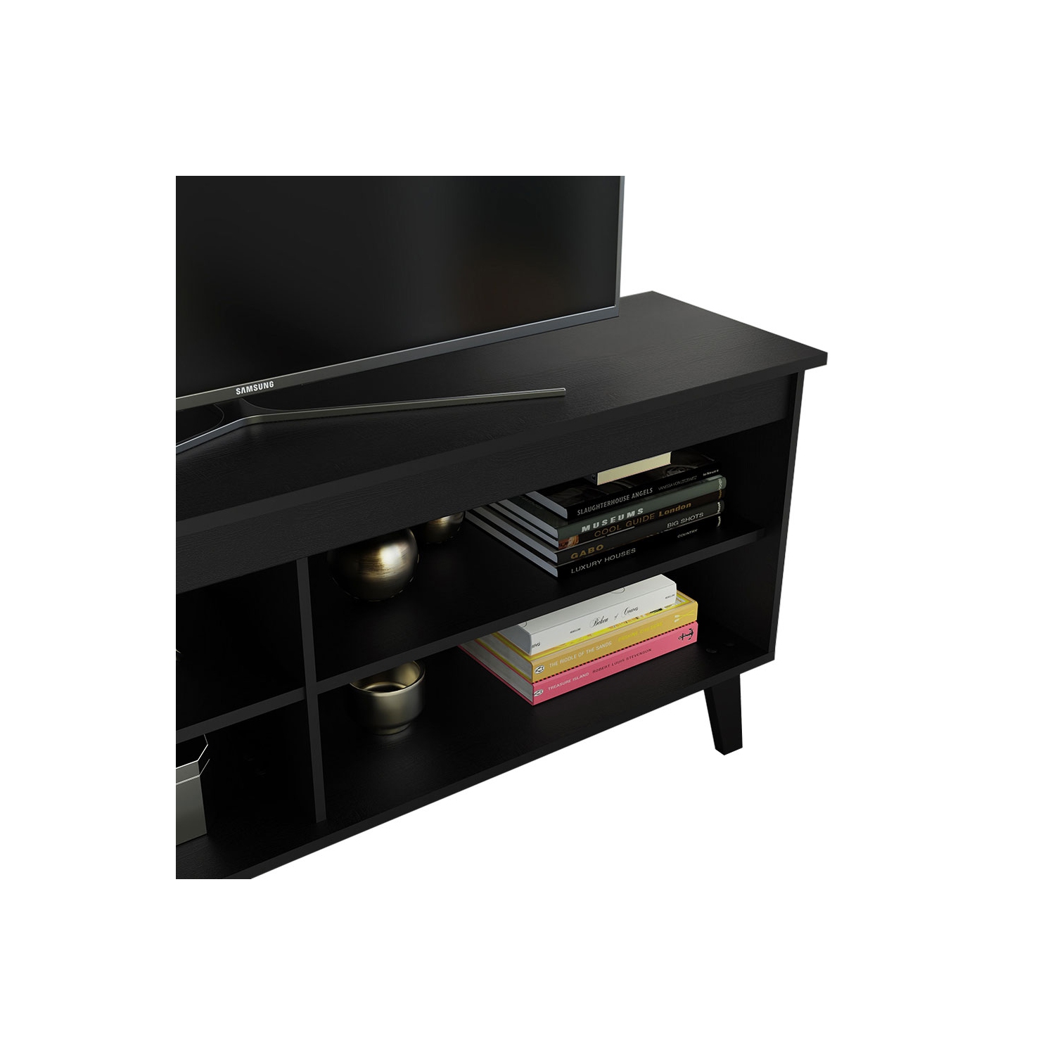 Madesa Compact TV Stand Cabinet with 4 Shelves and Cable Management for 50, 55 Inch TV Media Storage Unit Living Room and Bedroom Modern Wooden