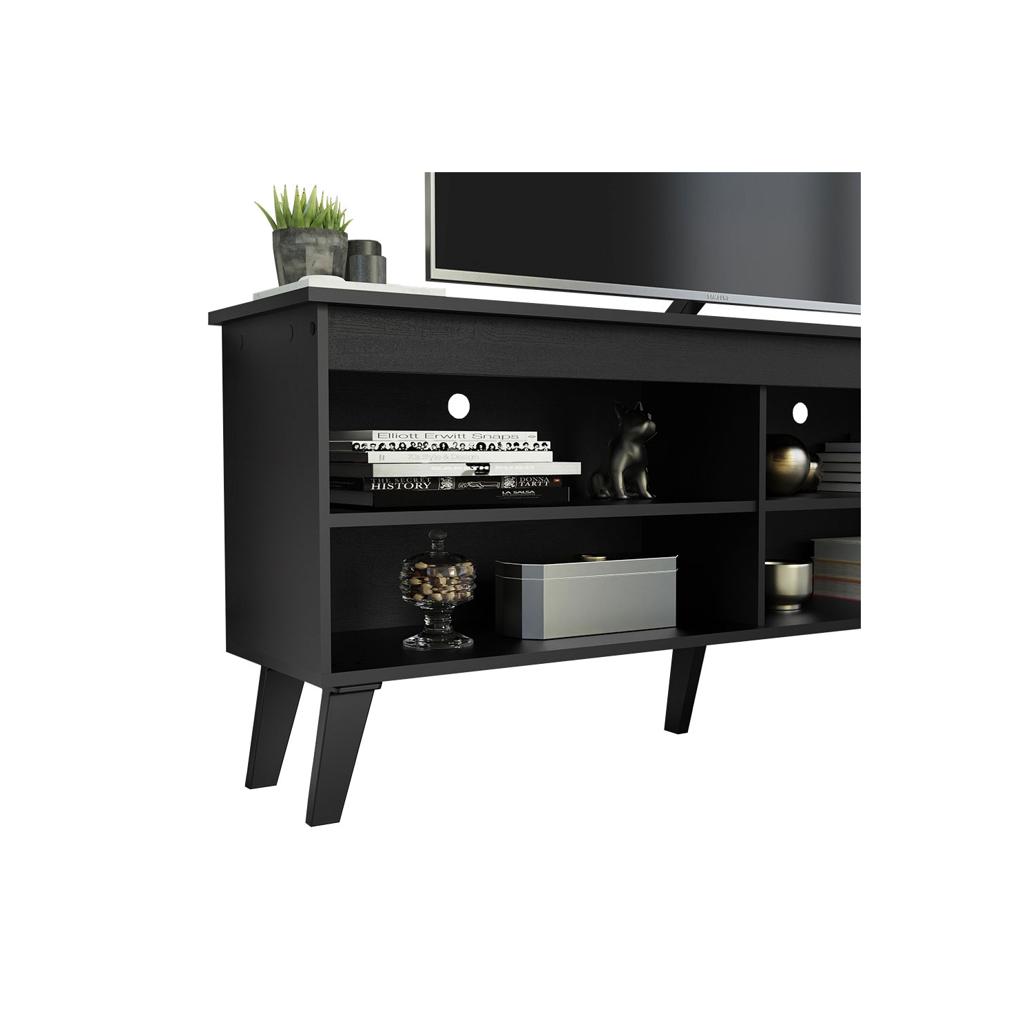 Madesa Compact TV Stand Cabinet with 4 Shelves and Cable Management for 50, 55 Inch TV Media Storage Unit Living Room and Bedroom Modern Wooden