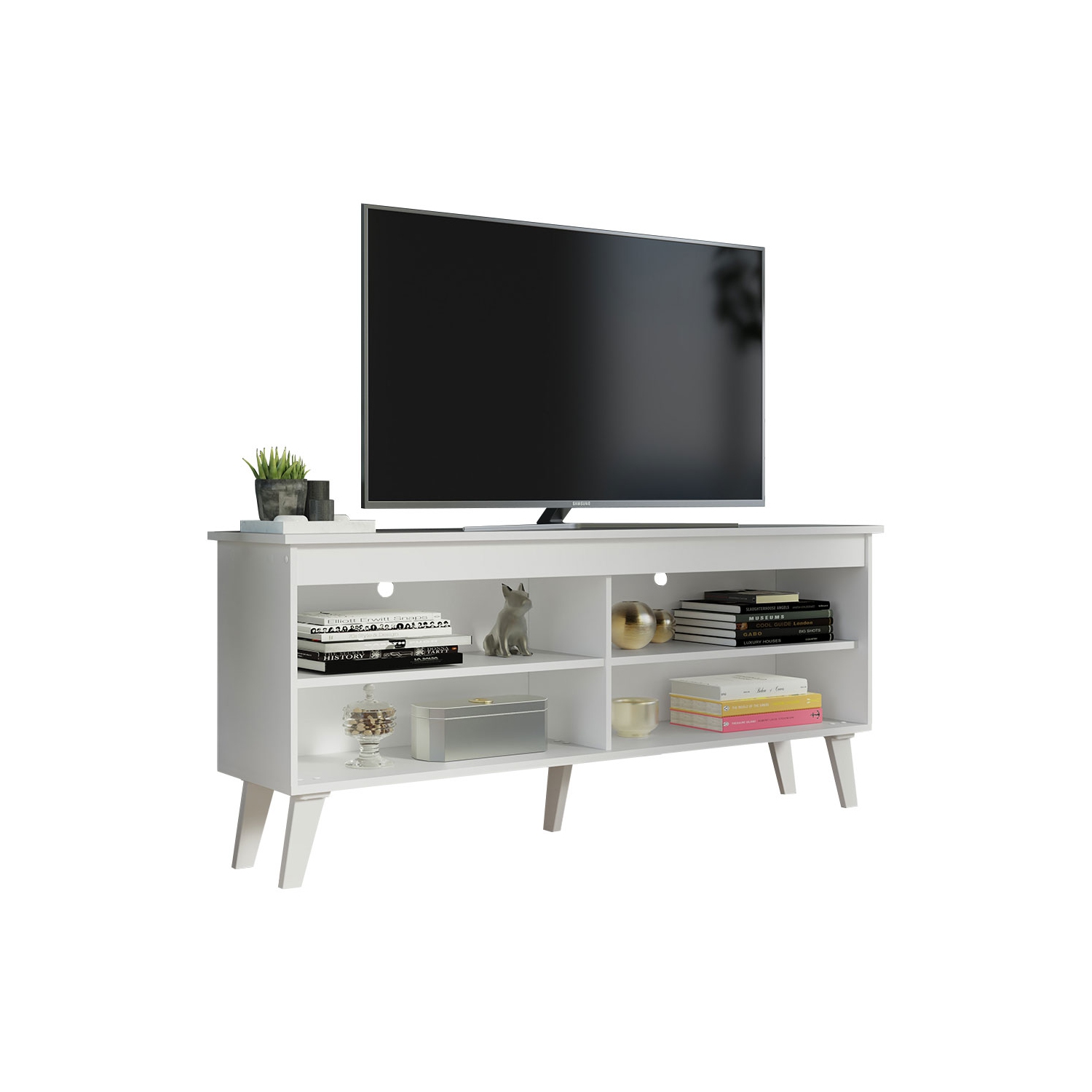 Madesa Compact TV Stand Cabinet with 4 Shelves and Cable Management for 50, 55 Inch TV Media Storage Unit Living Room and Bedroom Modern Wooden