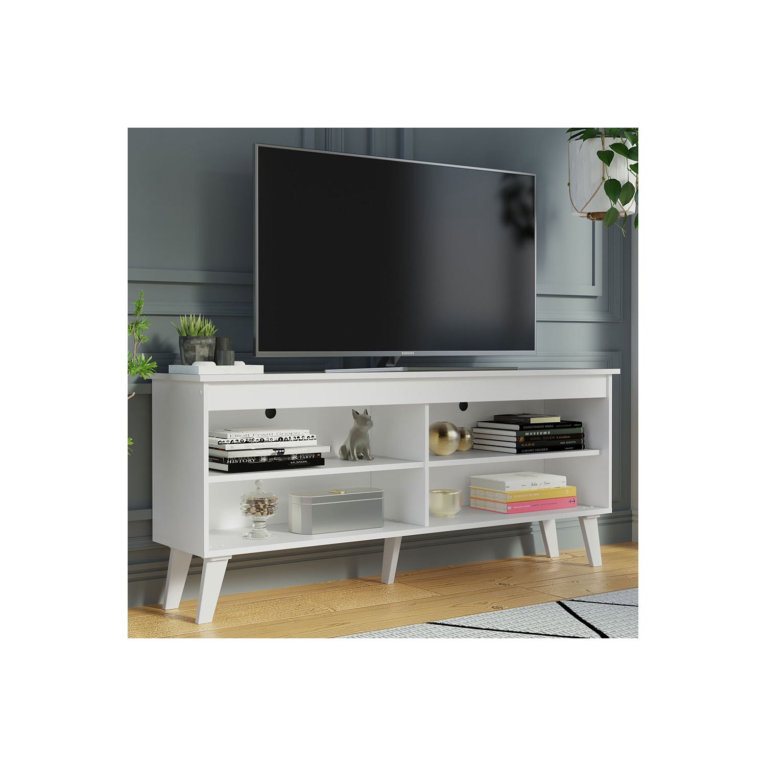 Madesa Compact TV Stand Cabinet with 4 Shelves and Cable Management for 50, 55 Inch TV Media Storage Unit Living Room and Bedroom Modern Wooden