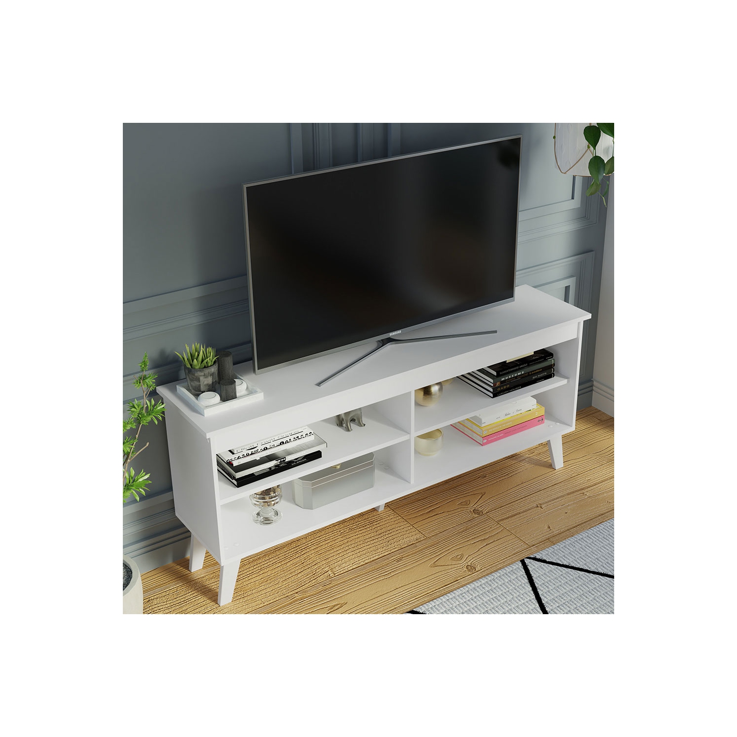 Madesa Compact TV Stand Cabinet with 4 Shelves and Cable Management for 50, 55 Inch TV Media Storage Unit Living Room and Bedroom Modern Wooden