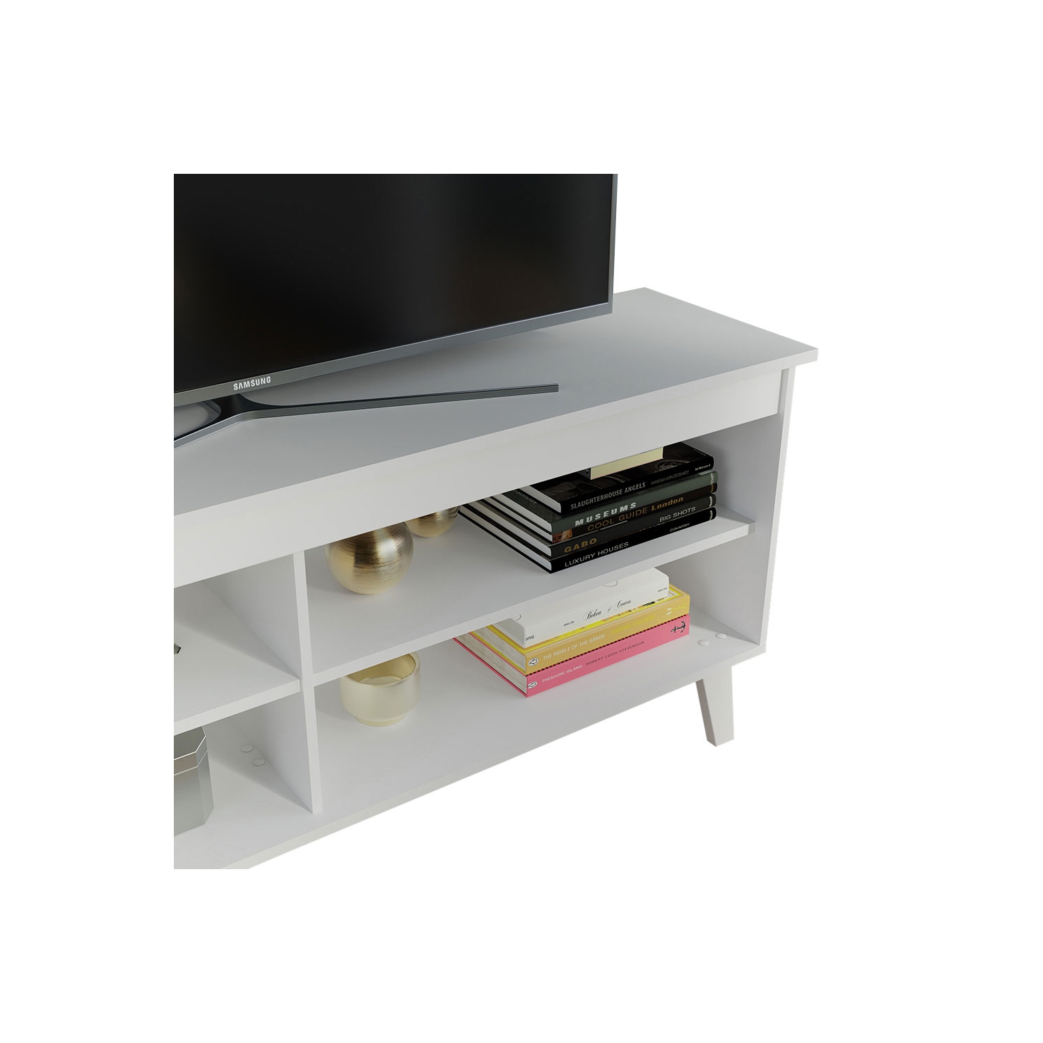 Madesa Compact TV Stand Cabinet with 4 Shelves and Cable Management for 50, 55 Inch TV Media Storage Unit Living Room and Bedroom Modern Wooden