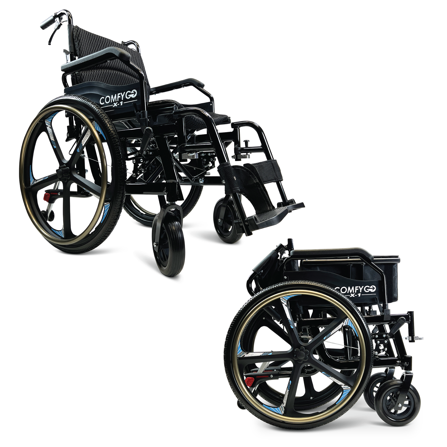 X-1 Special Edition ComfyGO Manual Wheelchair | Ultra-Light, Quick-Detach Wheels | Comfortable Cushioning | Durable Aircraft-Grade Frame | User & Caregiver Brakes - Black