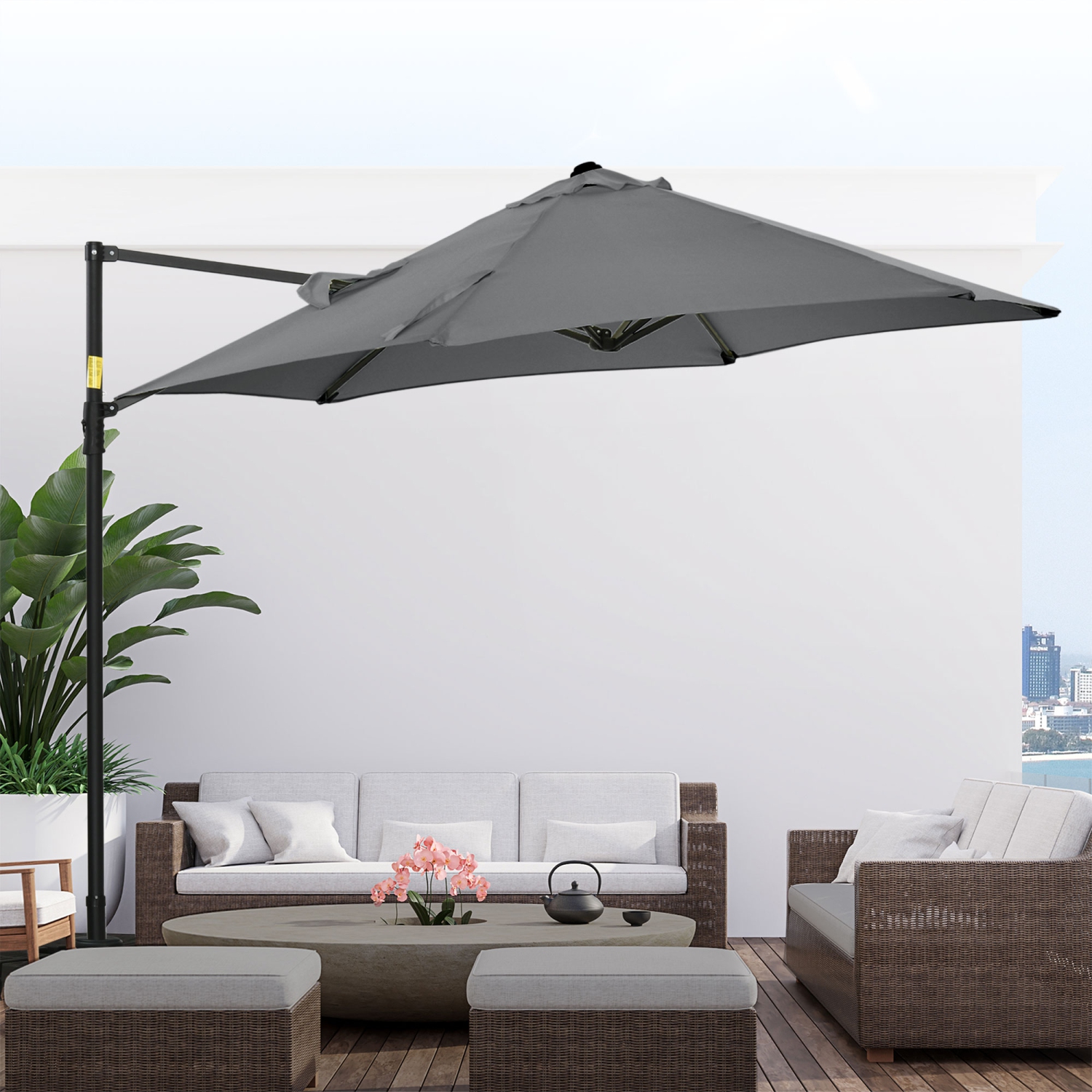 Outsunny 8.5FT Offset Patio Umbrella with 360° Rotation, Outdoor Cantilever Roma Parasol Hanging Sun Shade Canopy Shelter with Cross Base, Dark Grey
