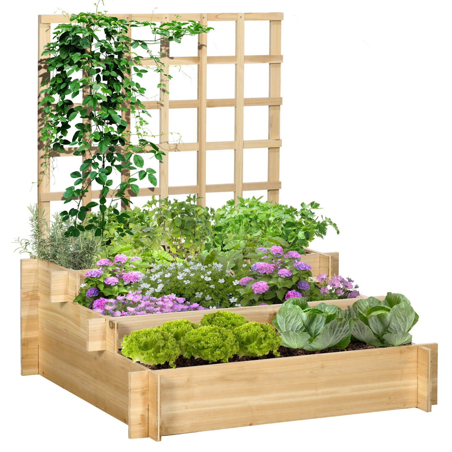 Outsunny 3 Tier Raised Garden Bed with Trellis for Climbing Plants, 43.3" Wooden Elevated Planter Box for Garden, Outdoor to Grow Vegetables,