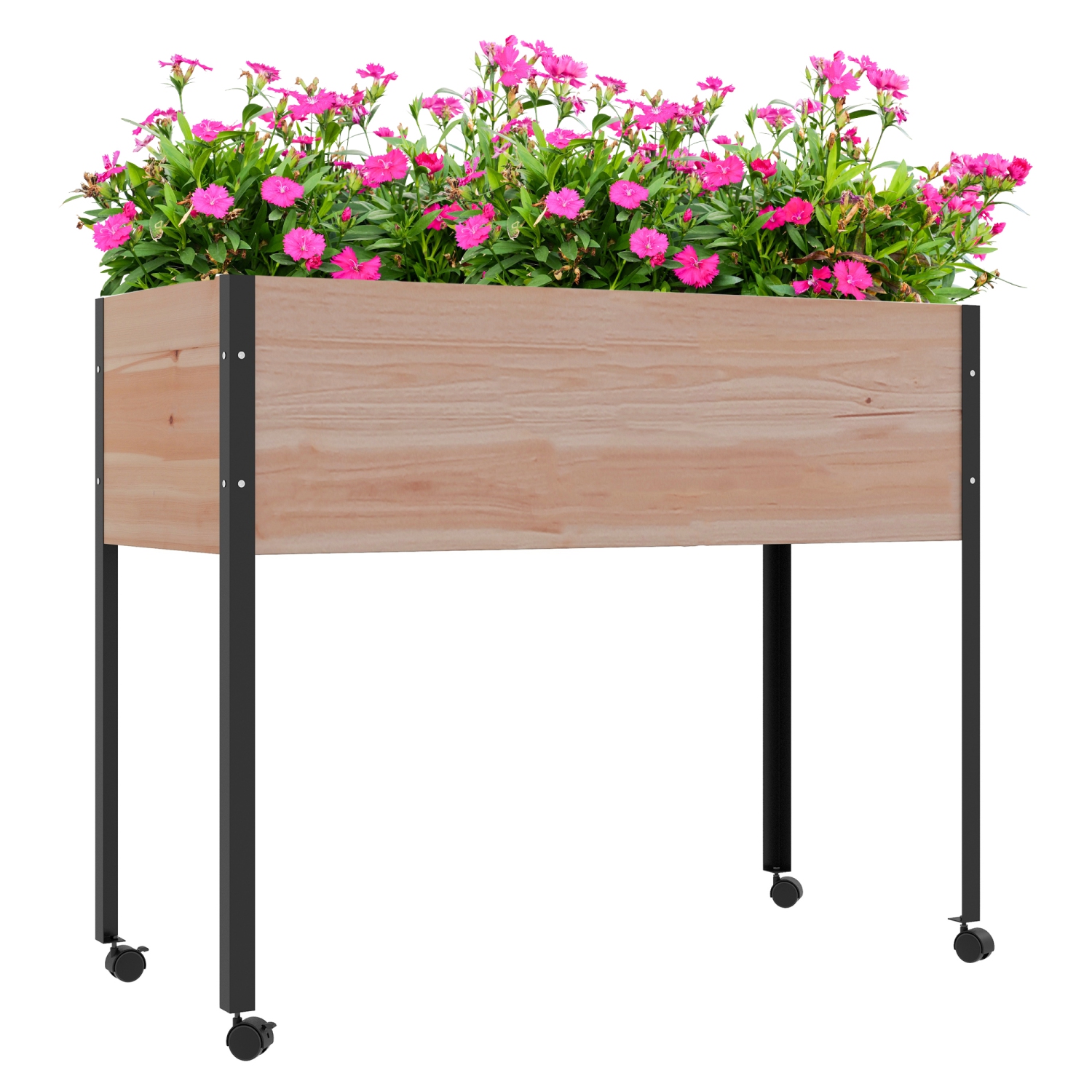 Outsunny Wooden Raised Garden Bed with Wheels, Elevated Planter Box with Metal Legs, Drainage Holes and Bed Liner, for Vegetables, Flowers, Herbs
