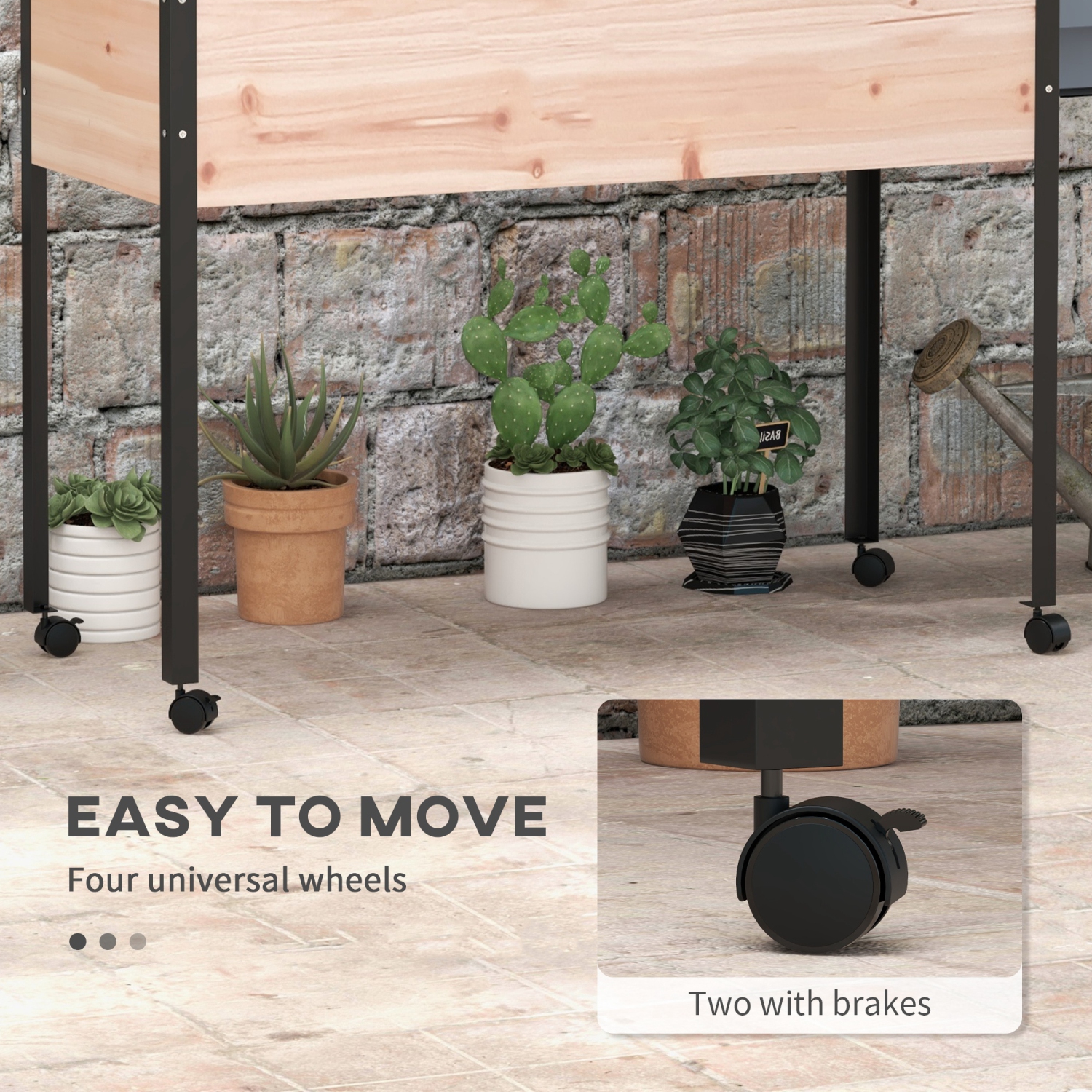 Outsunny Wooden Raised Garden Bed with Wheels, Elevated Planter Box with Metal Legs, Drainage Holes and Bed Liner, for Vegetables, Flowers, Herbs