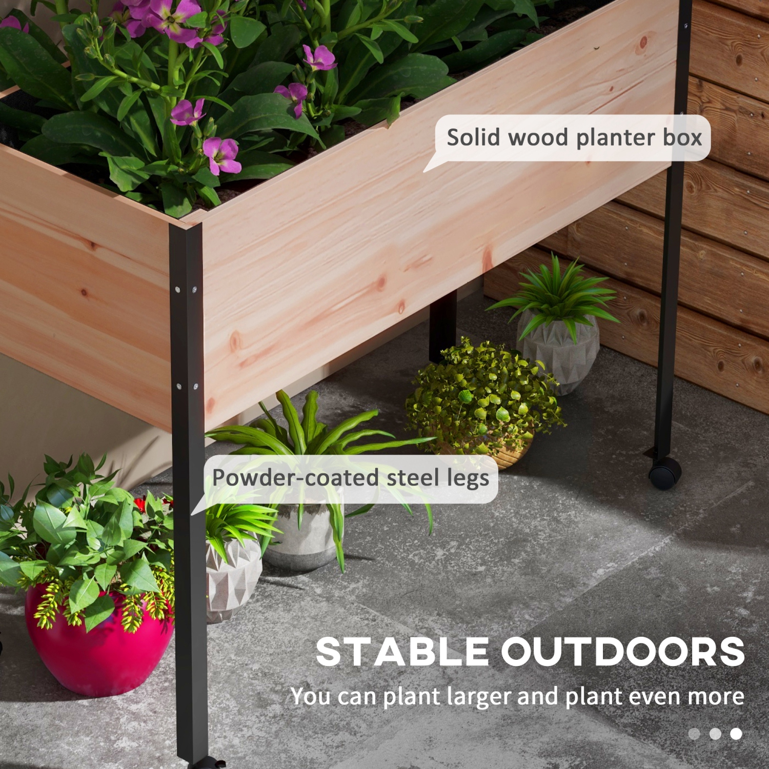 Outsunny Wooden Raised Garden Bed with Wheels, Elevated Planter Box with Metal Legs, Drainage Holes and Bed Liner, for Vegetables, Flowers, Herbs