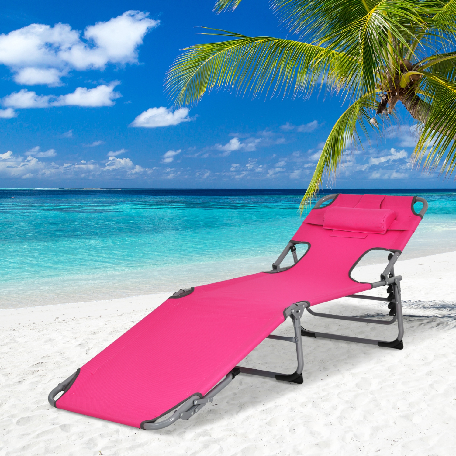 Goplus – Chaise longue de plage extérieure pliante 2 pièces avec coussin, rose