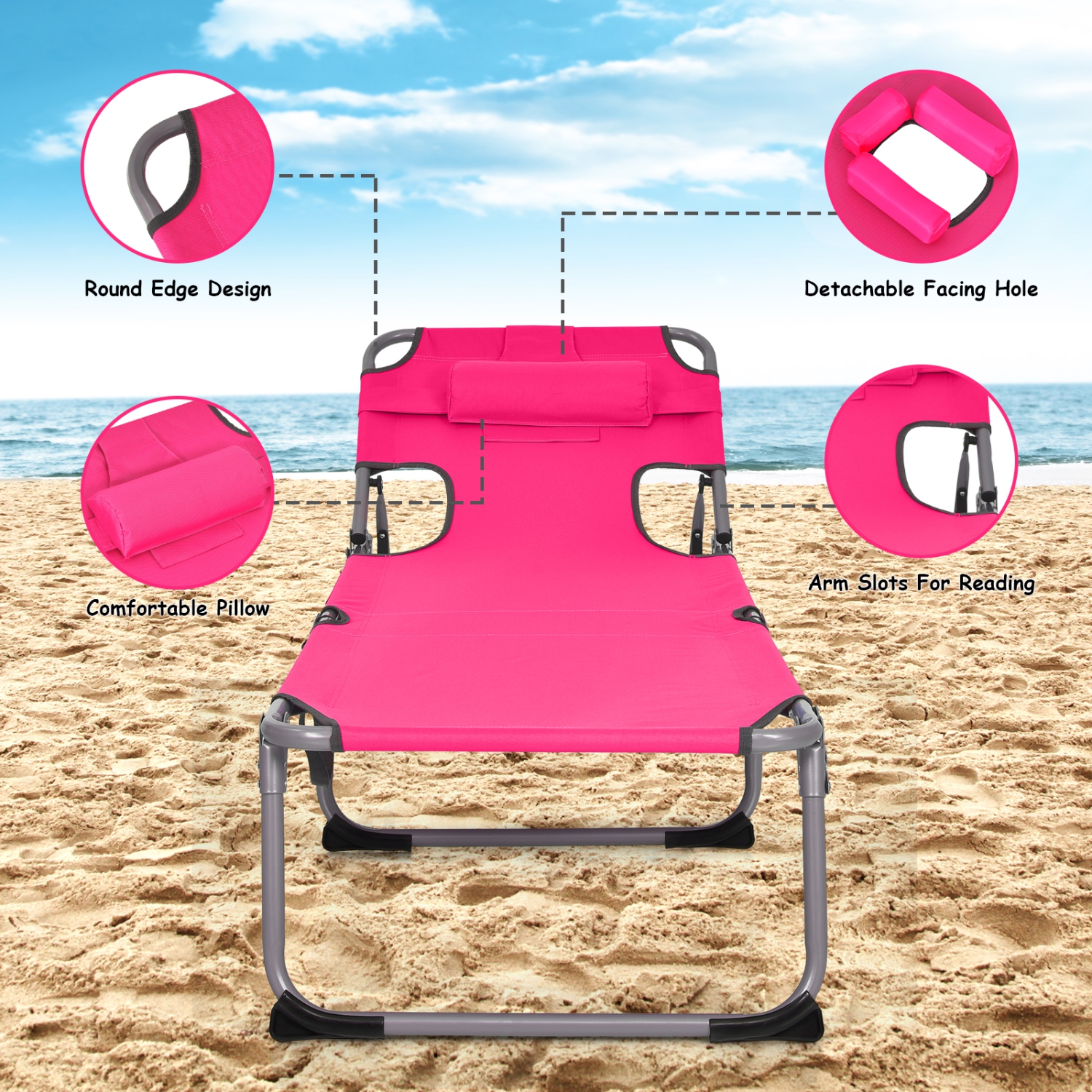 Goplus – Chaise longue de plage extérieure pliante 2 pièces avec coussin, rose