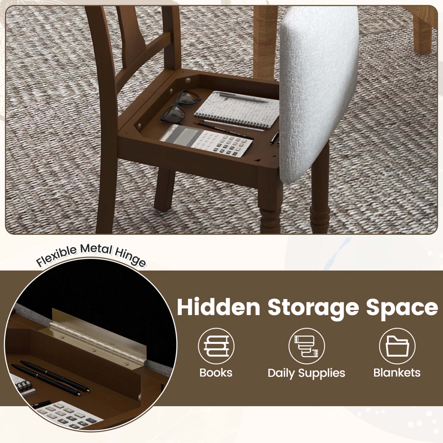 Fauteuil en bois antique recouvert avec rangement 2 pièces de Costway - Noir/Beige/Brun/Gris pâle