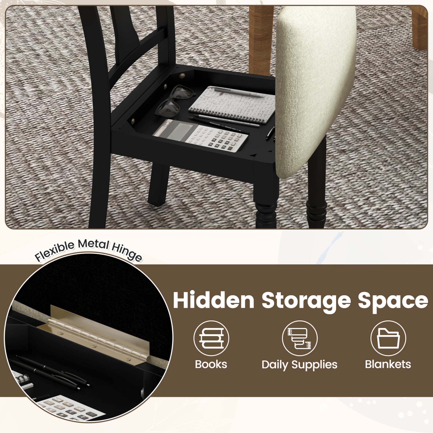 Fauteuil en bois antique recouvert avec rangement 2 pièces de Costway - Noir/Beige/Brun/Gris pâle