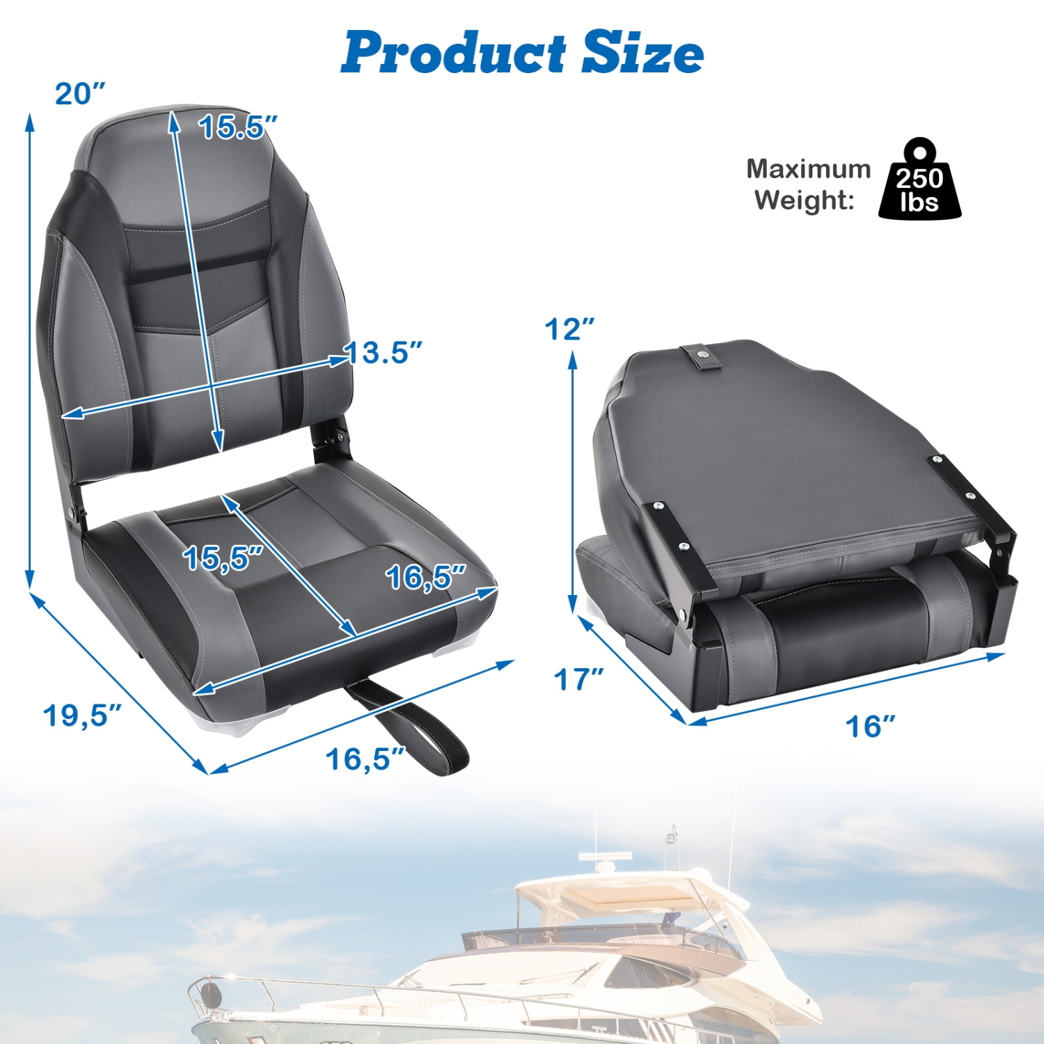 Topbuy High Back Boat Seat, Folding Fishing Seat w/ Soft Padded Cushion &Flexible Hinges Fold-down Captain Boat Seat Black