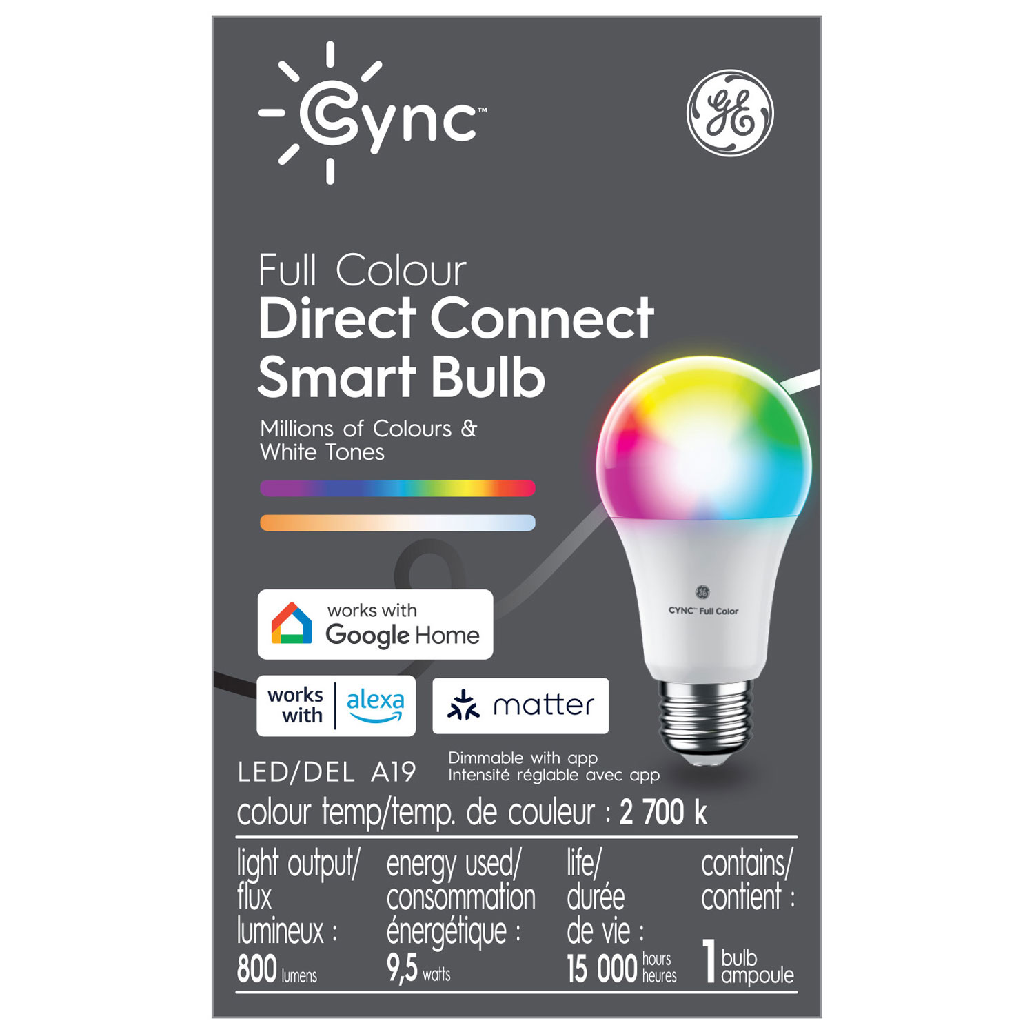 Ampoule DEL intelligente A19 Cync de GE avec compatibilité Matter - Multicolore