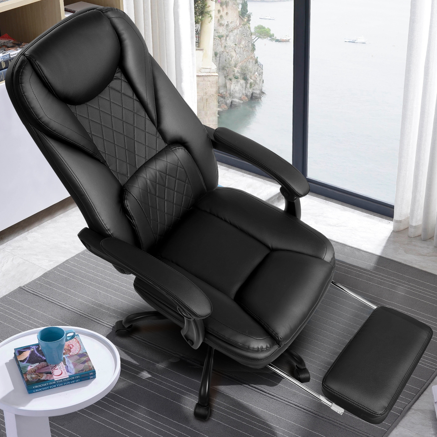 Executive Office Chair, Leather Chair, Big and Tall Office Chair with Foot Rest, High Back Home Office Desk Chair, Lumbar Support Ergonomic Office Chair with Padded Armrests