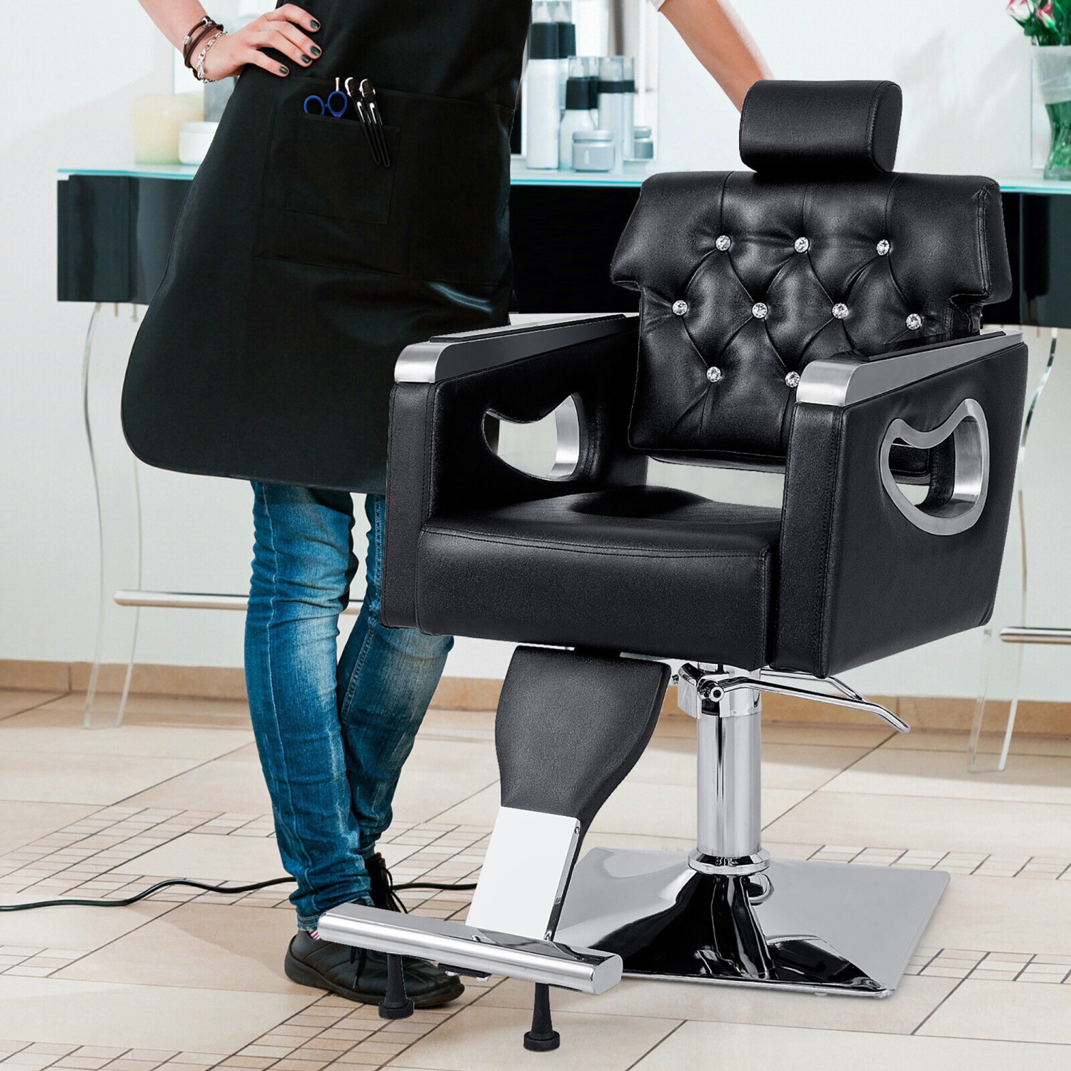 Gymax Adjustable Barber Chair Heavy-Duty Hydraulic Pump Salon Chair 360° Rotation