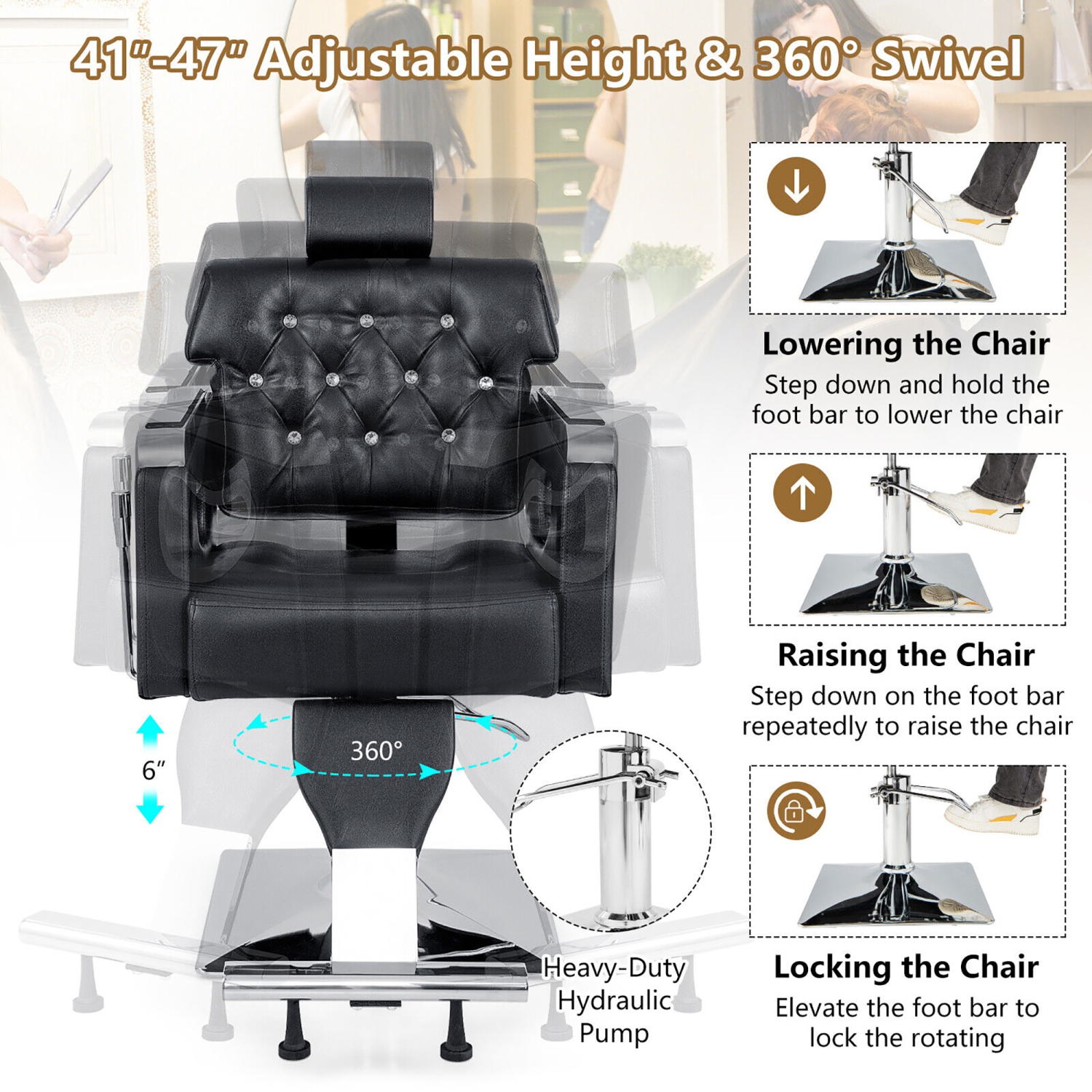 Gymax Adjustable Barber Chair Heavy-Duty Hydraulic Pump Salon Chair 360° Rotation