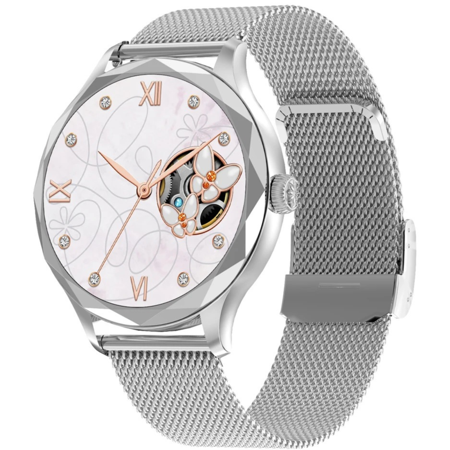 TUTT DT Women Diamond AMOLED Screen SmartWatch for Ladies Reloj Inteligente Fitness Sport Health Smart Watch Silver Steel Straps